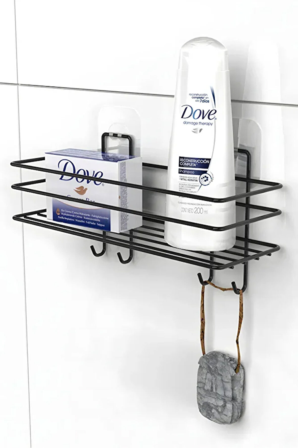 Yapışkanlı 4 Kancalı Banyo Rafı Mat Siyah Banyo Şampuanlık Duşakabin Duş Askısı