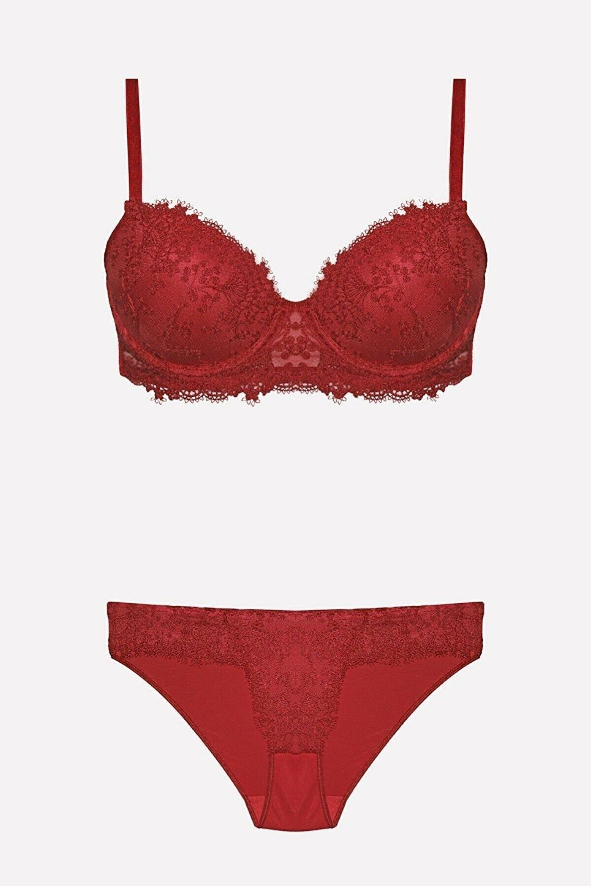 4487 Kadın Bordo Balenli Dantelli Destekli Push-up Sütyen Takım