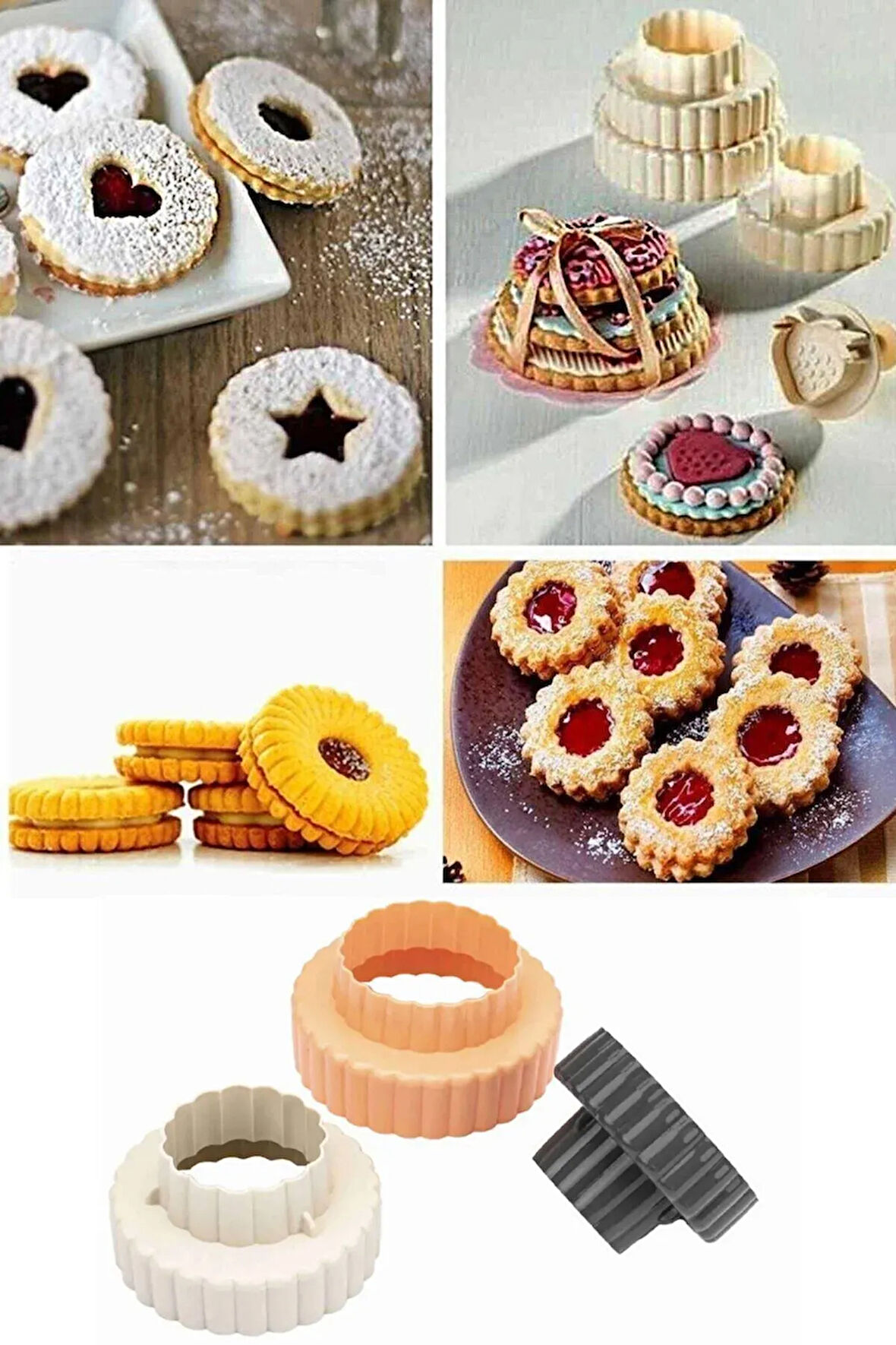 Yuvarlak Tırtıklı Şekilli Kurabiye Kalıbı 3lü Set Şeker Hamur Kesici Pasta Kek Şekillendirici Aparat