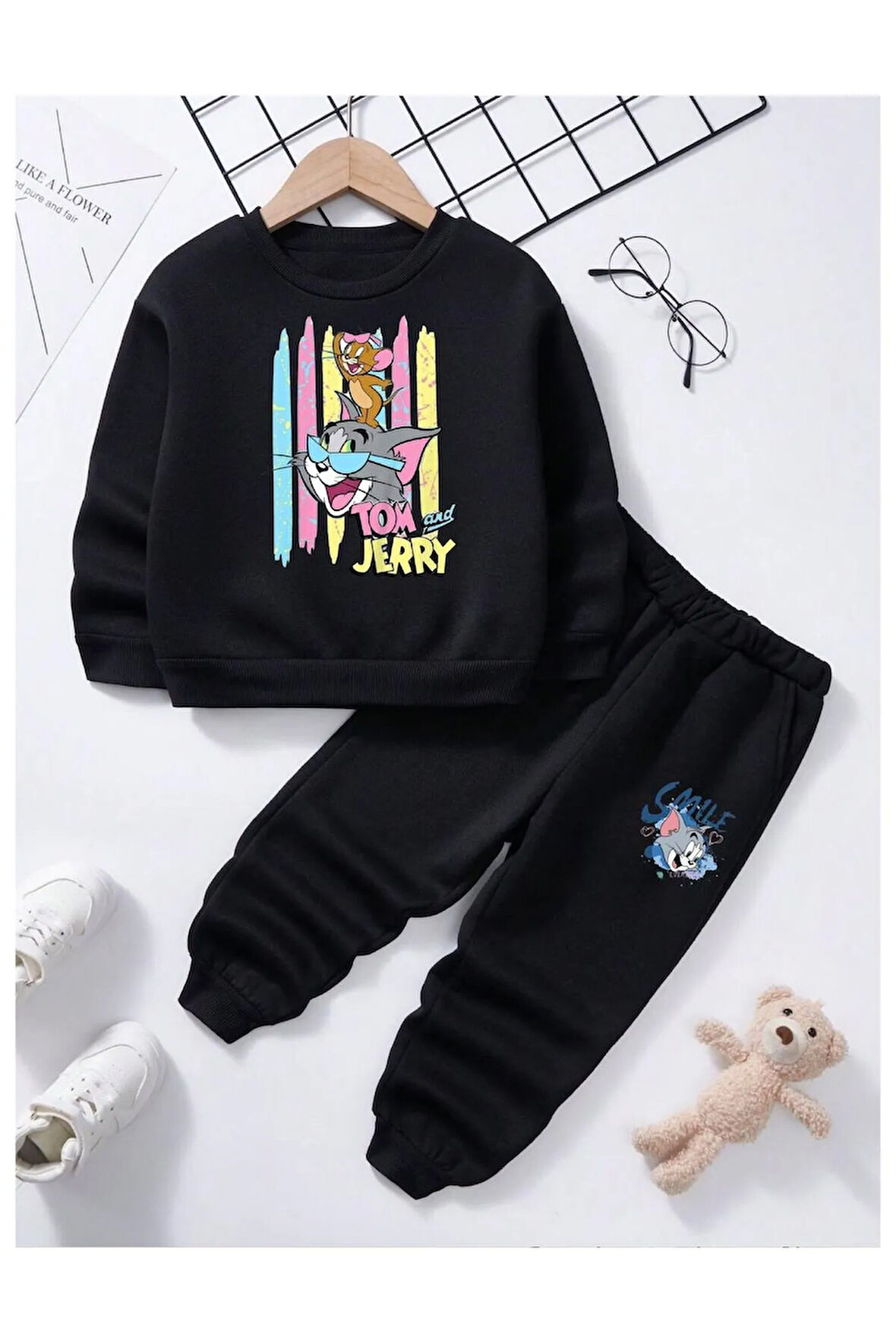 Çocuk Tasarım Tom And Jerry Renk Baskılı Kapüşonlu Alt-Üst Takım Pamuklu