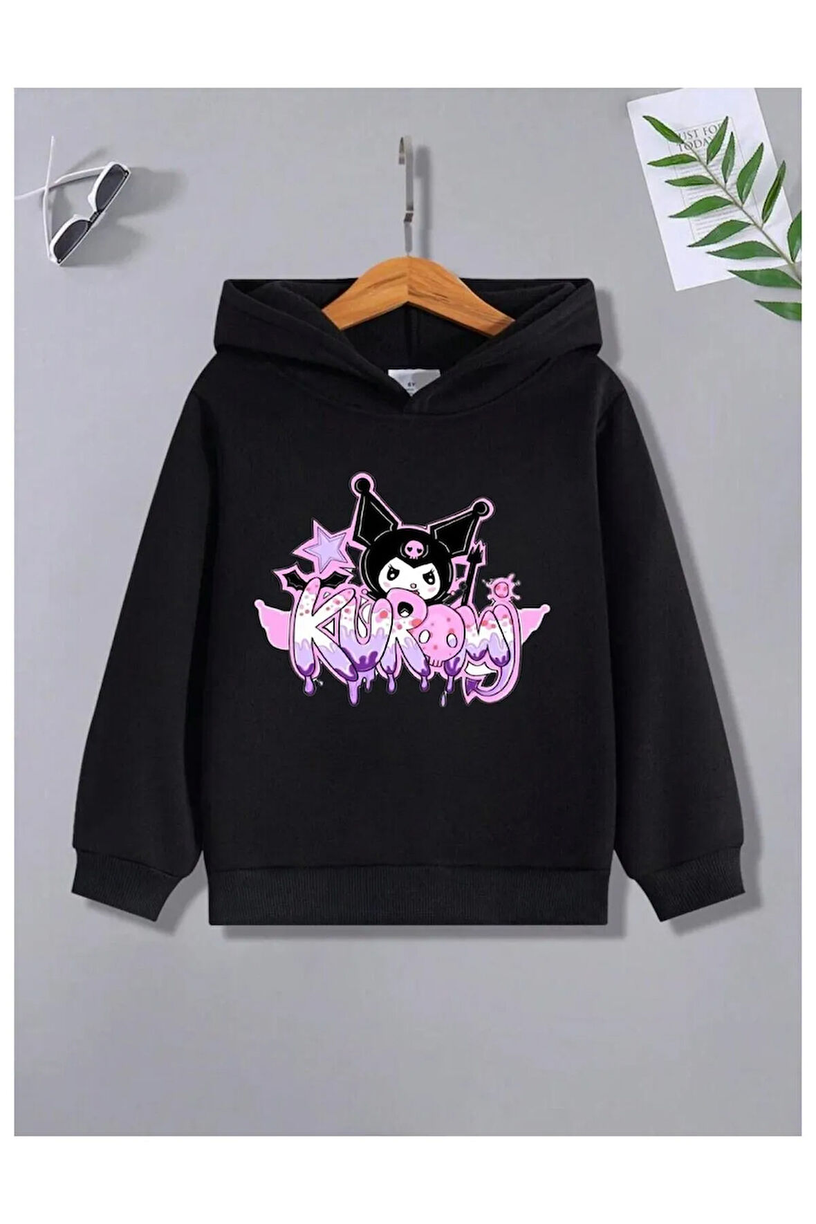 Çocuk Tasarım Kuromi Grafiti Baskılı Kapüşonlu Sweatshirt Pamuklu