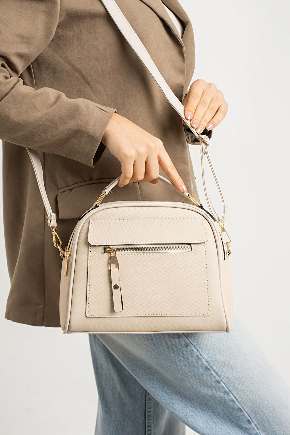 Orijinal Kadın Çapraz Ve Elde Ayarlanabilir Askılı Deri Dokulu Üç Gözlü Büyük Omuz Ve El Çantası