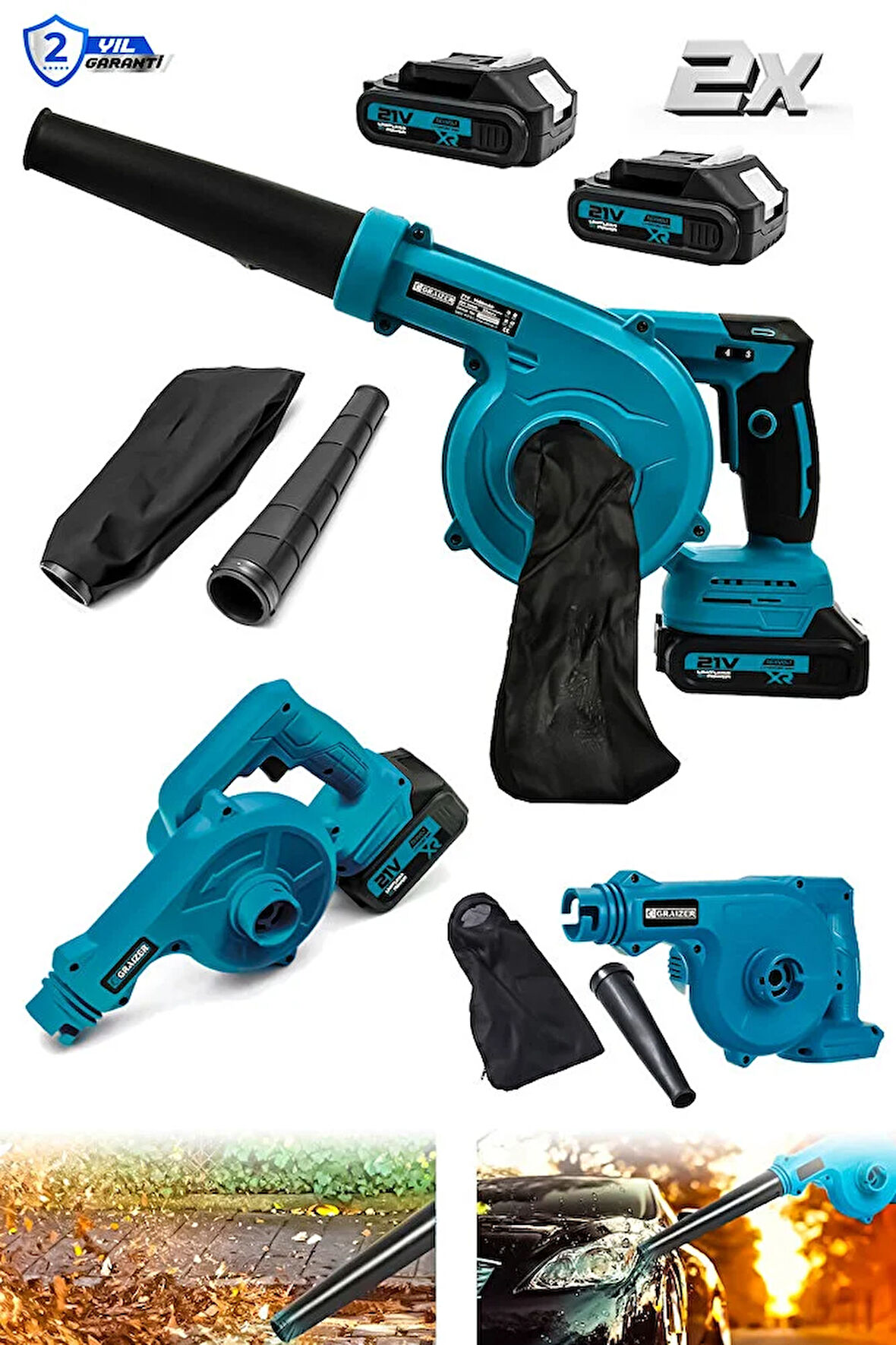 Profesyonel 21v Çift Akülü Kompresör Şarjlı Hava Üfleme Makinesi Mavi