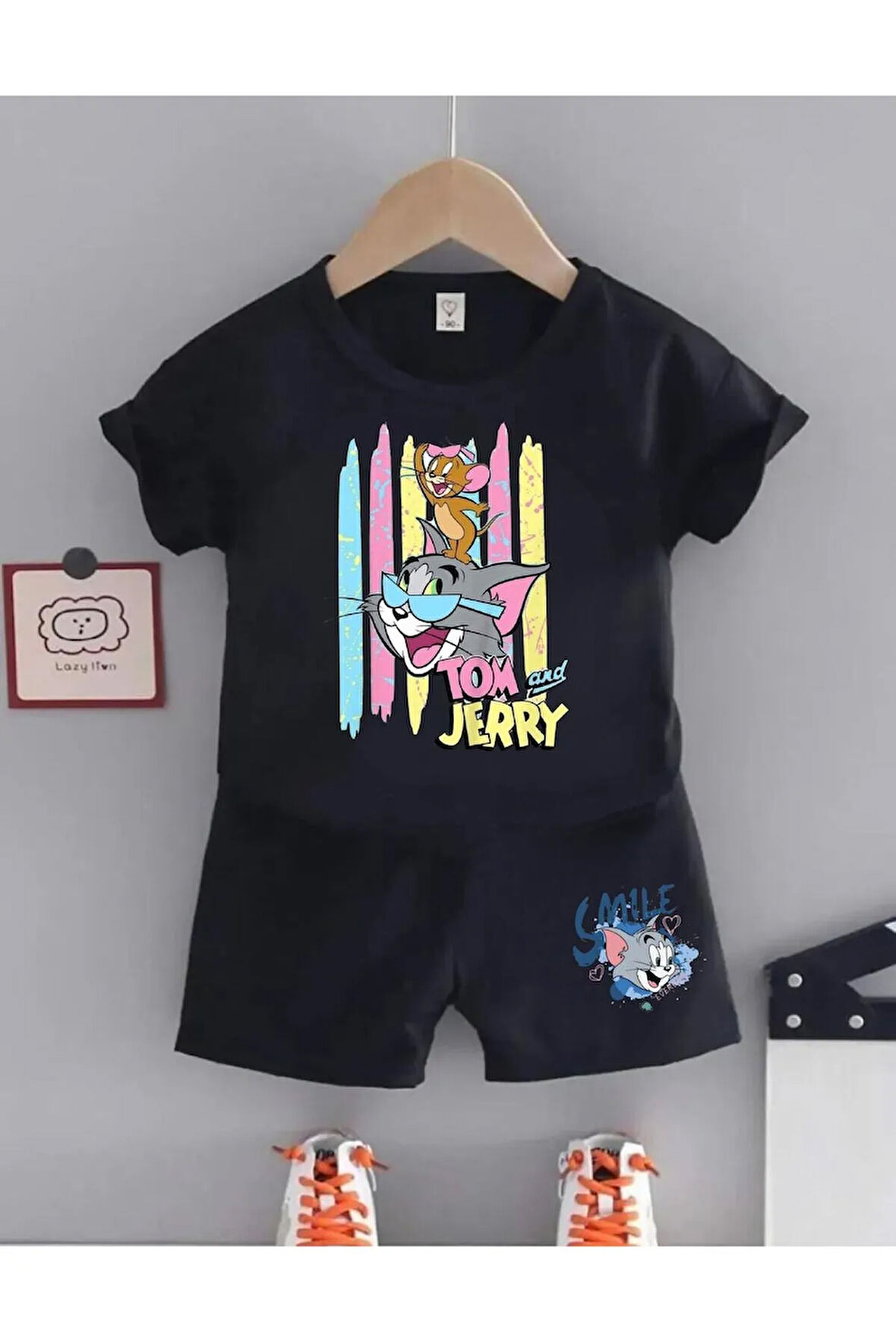 Çocuk Tasarım Tom And Jerry Renk Baskılı Kapüşonlu Alt-Üst Takım Pamuklu