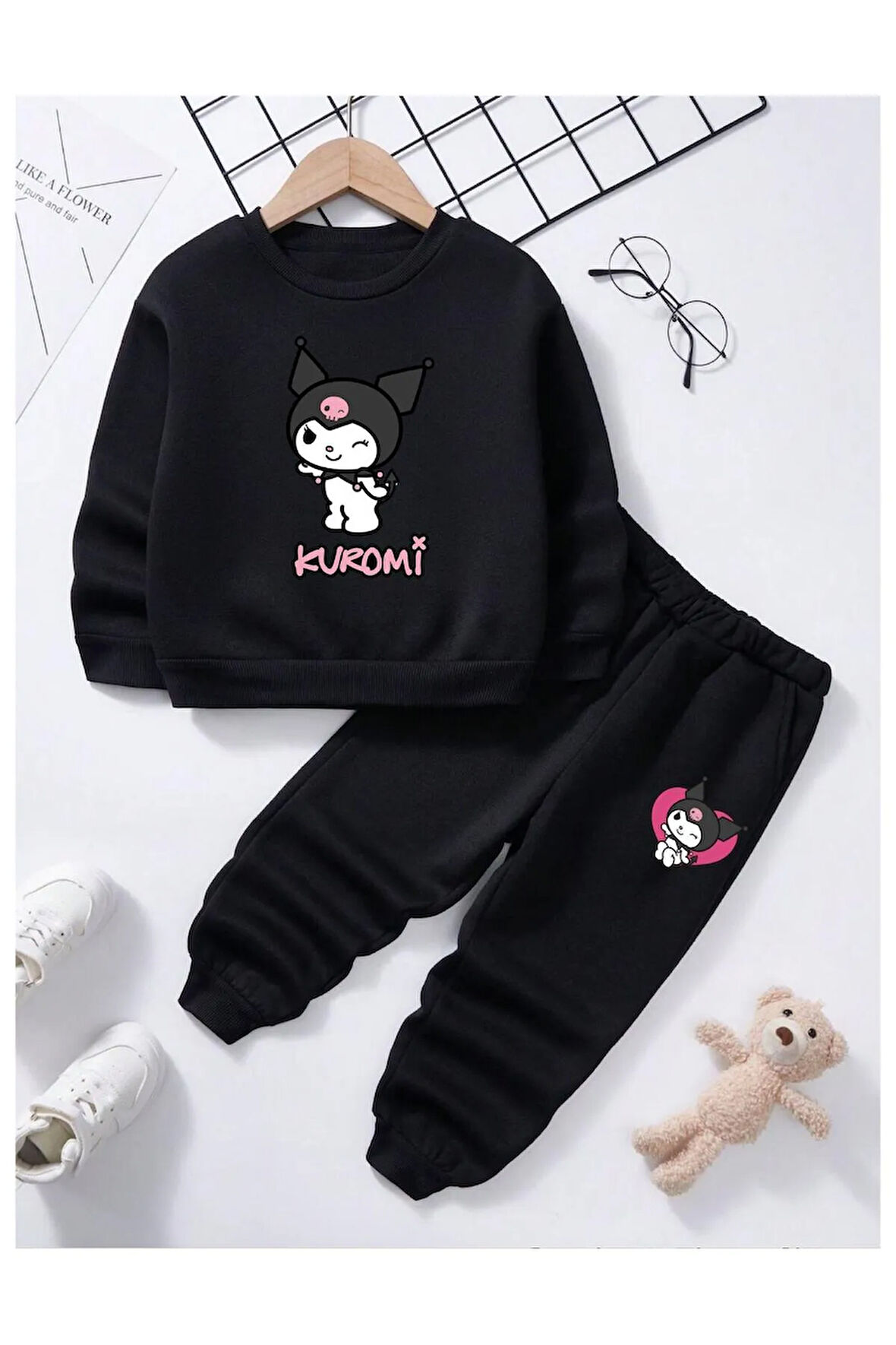 Çocuk Tasarım Kuromi Kalp Baskılı Kapüşonlu Sweatshirt Pamuklu