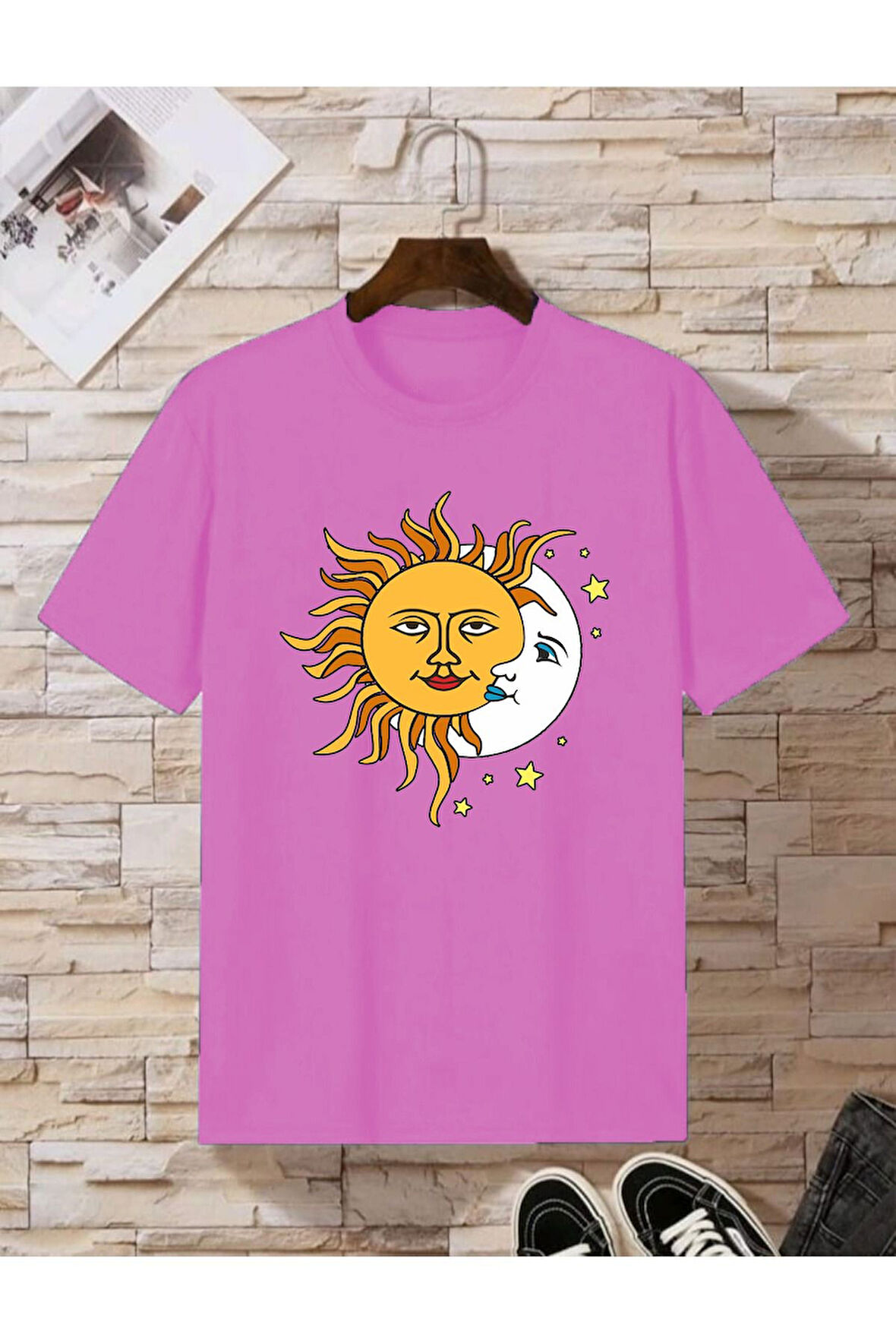 Kadın Siyah Güneş Ay Baskılı Oversize Penye T-shirt Tişört