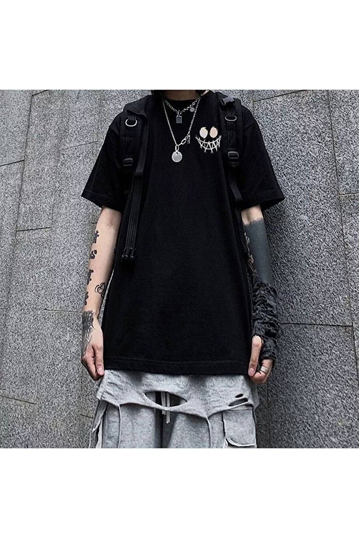 Harajuku Stitched Smile Oversize Unisex T-shirt