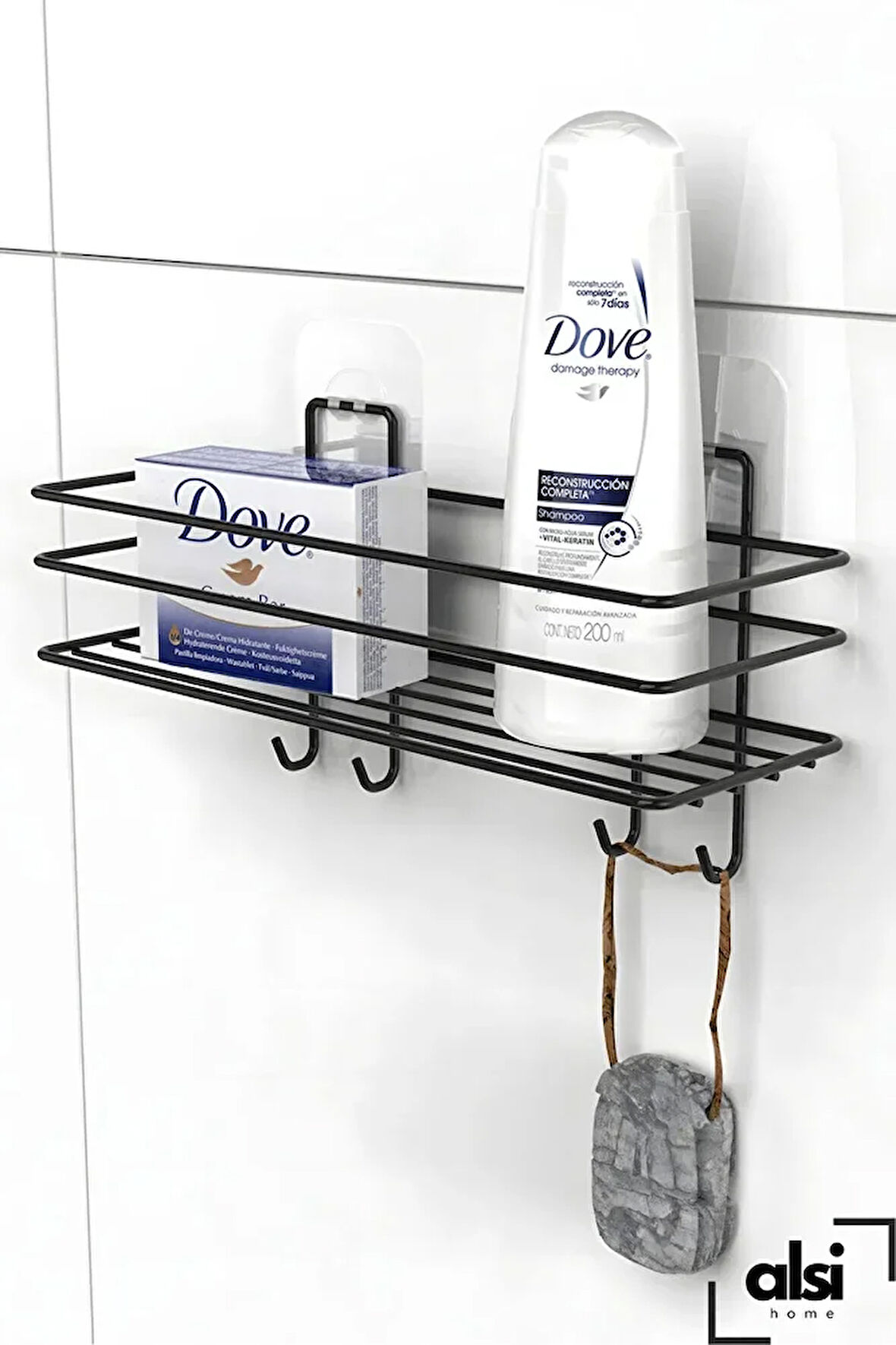 Yapışkanlı 4 Kancalı Banyo Rafı Mat Siyah Banyo Şampuanlık Duşakabin Duş Askısı