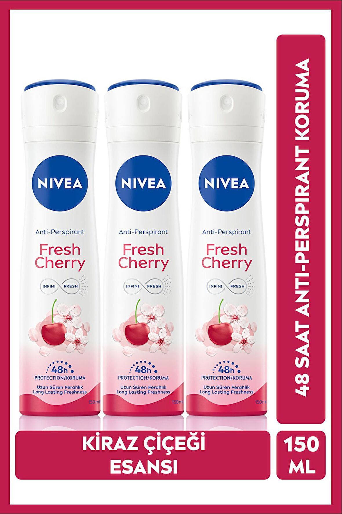 Kadın Sprey Deodorant Fresh Cherry 48 Saat Koruma 150mlx3