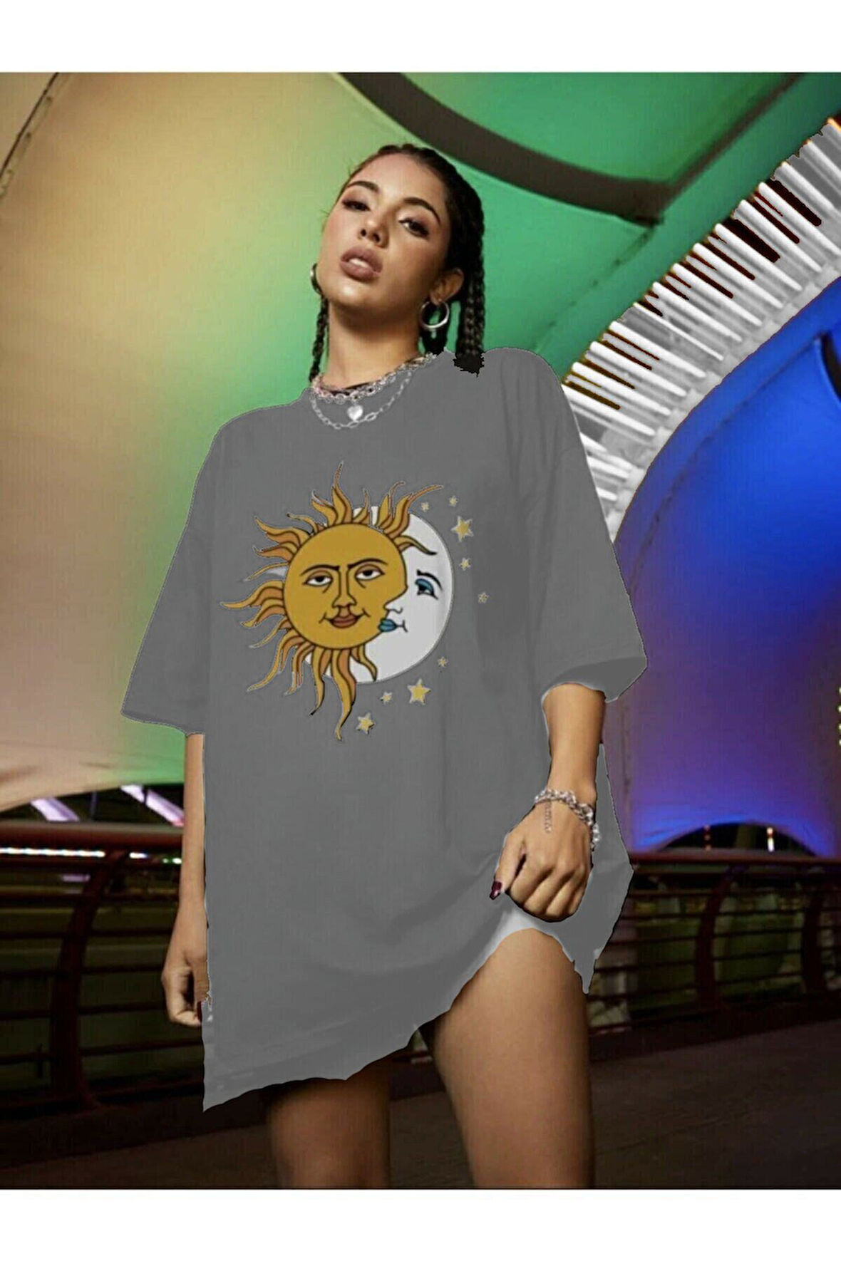 Kadın Siyah Güneş Ay Baskılı Oversize Penye T-shirt Tişört