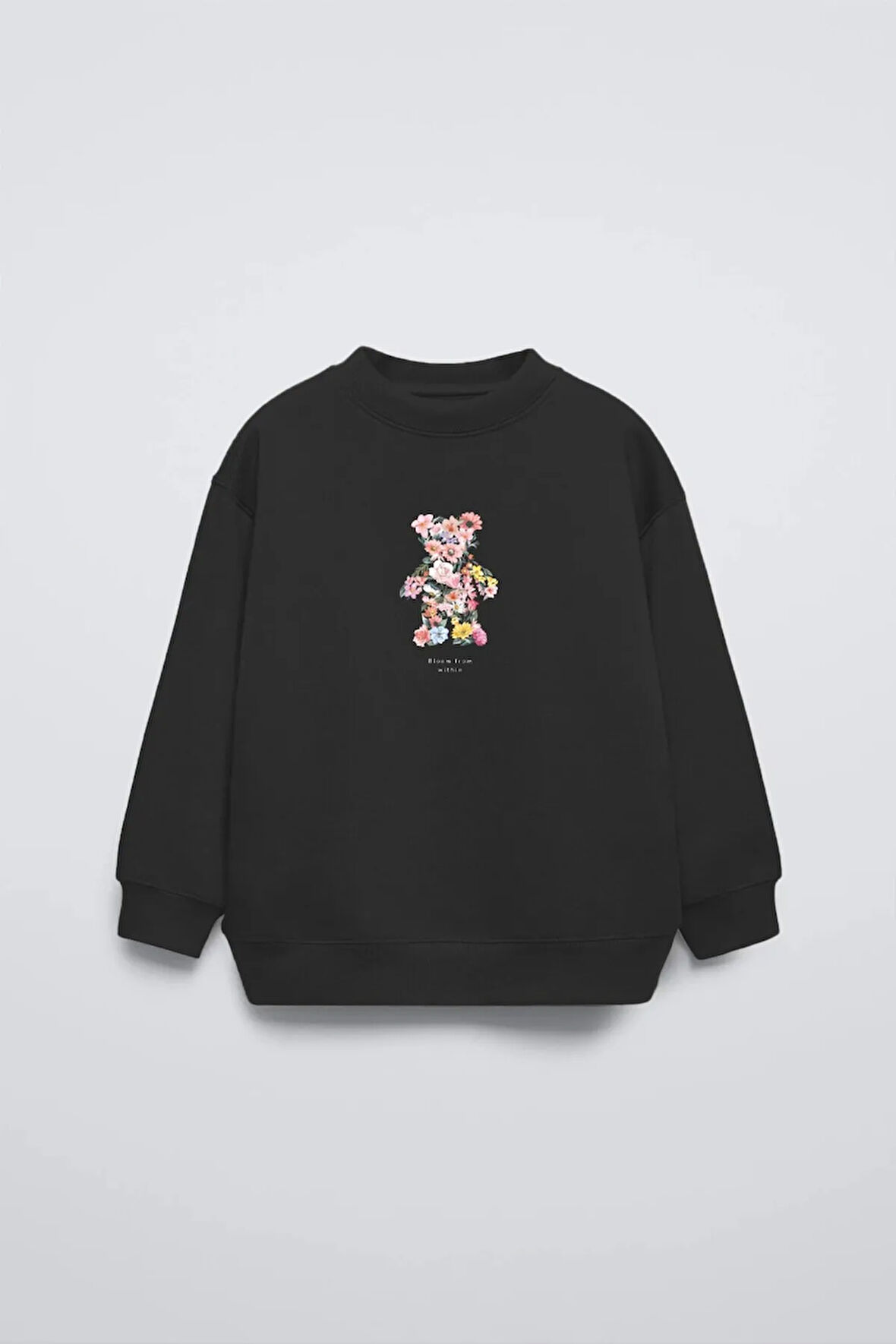 Siyah Çocuk Çiçekli Ayıcık Baskılı Bisiklet Yaka Oversize Sweatshirt