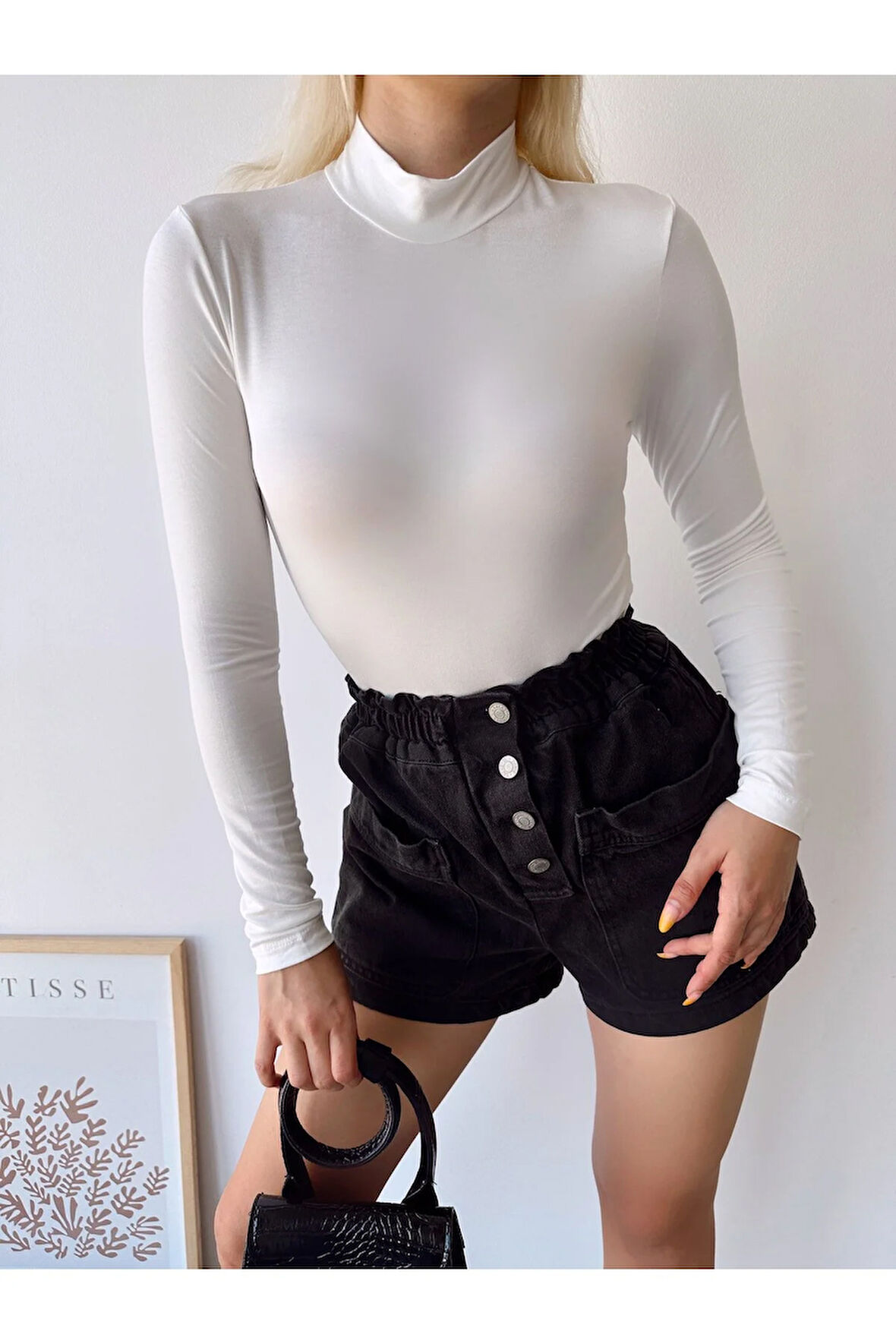 Kadın Beyaz Dik Yaka Uzun Kol Viskon Bluz