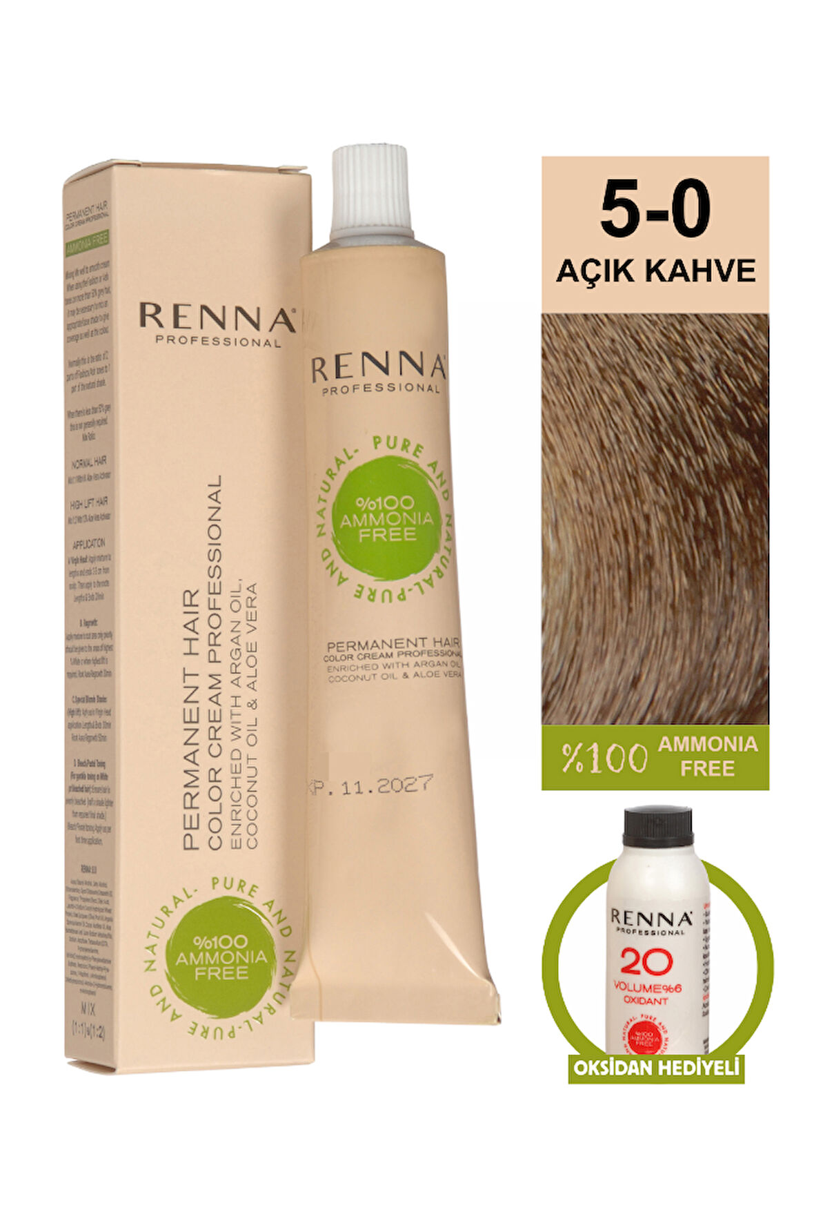Renna Bitkisel Amonyaksız Saç Boyası 60 Ml 5-0 Açık Kahve Oksidan Hediyeli