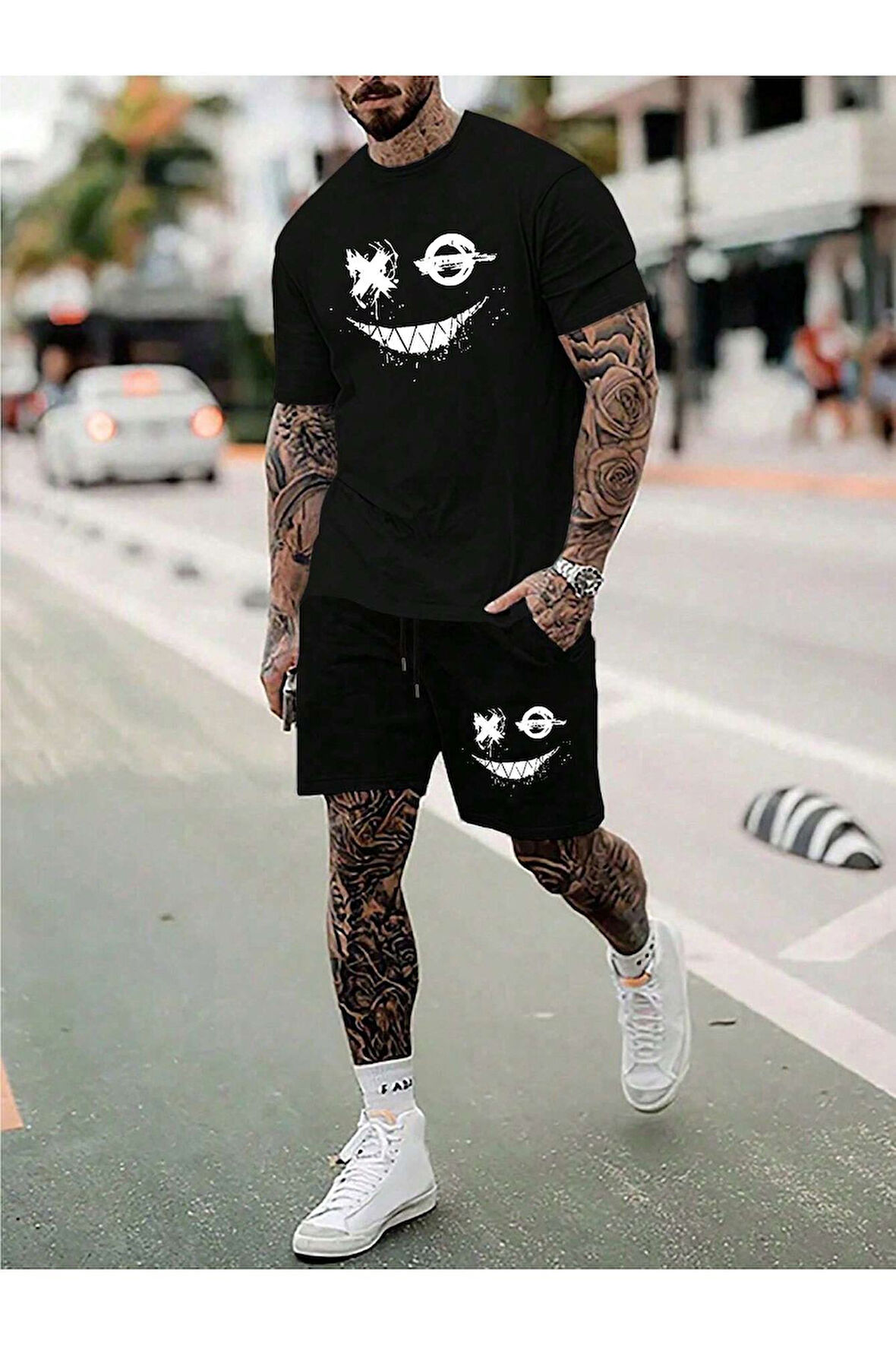 Siyah Erkek 2li Oversize Dragon Baskılı Pamuklu  Beast Mode Tişört ve Şort Takımı