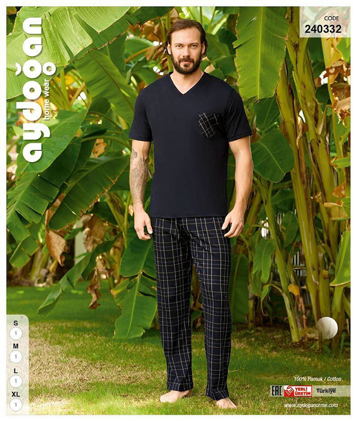 Aydoğan Erkek Siyah %100 Pamuk Penye Kısa Kollu Pijama Takımı 240332