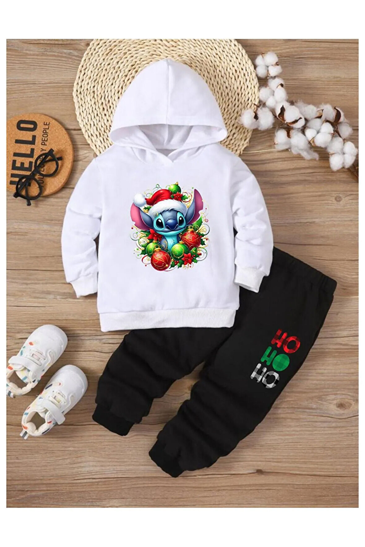 Çocuk Tasarım Chrıstmas Stitch Baskılı Bisiklet Yaka Alt-üst Takım Pamuklu