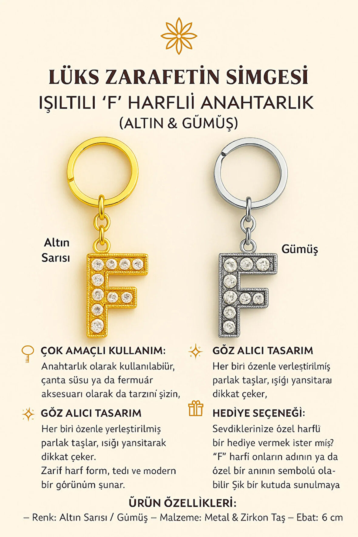 Işıltılı ‘F’ Harfli Anahtarlık – Lüks ve Anlamlı Bir Dokunuş