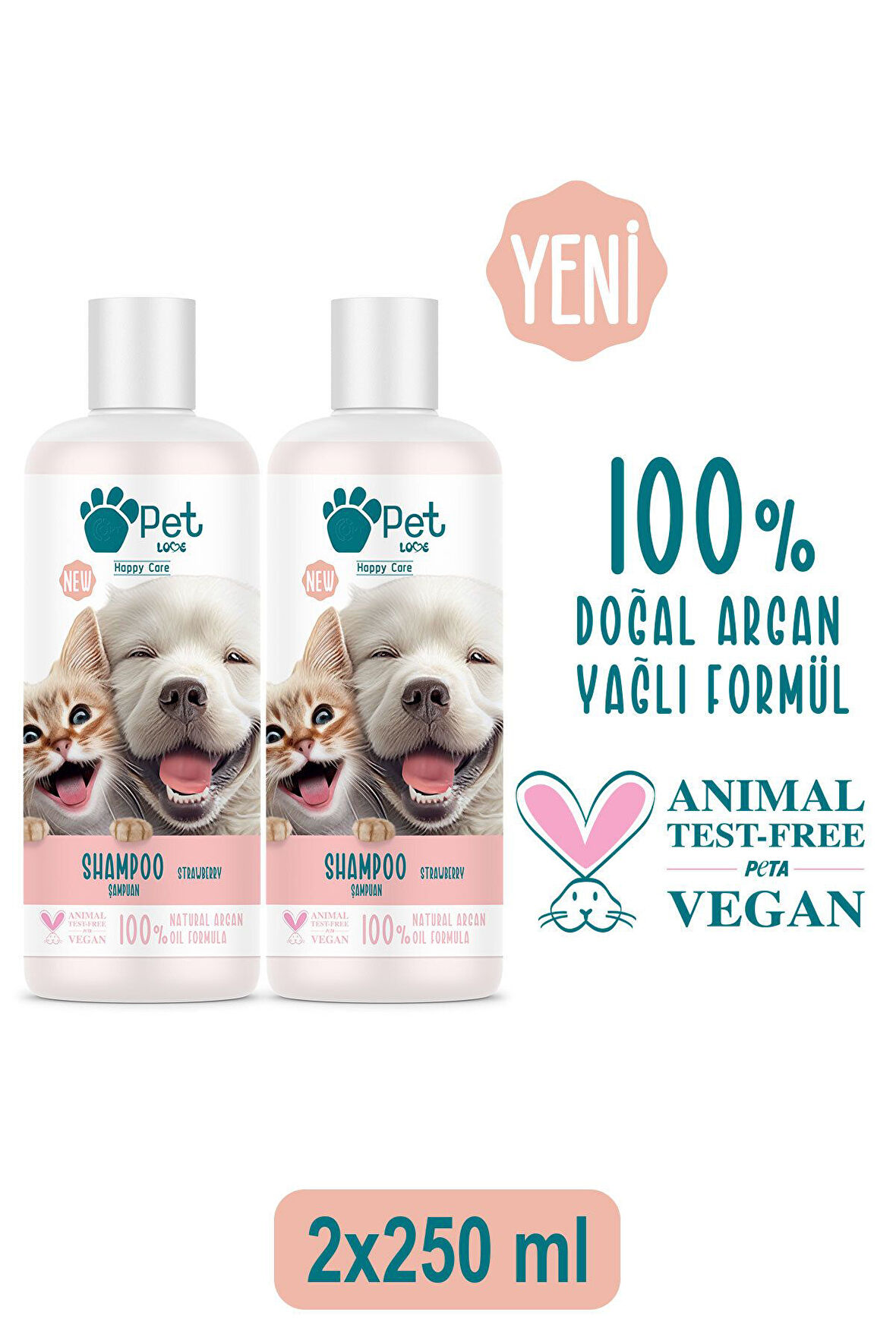 Kediler Ve Köpekler Için Şampuan Çilek 2x250 ml 100% Doğal Argan Yağlı