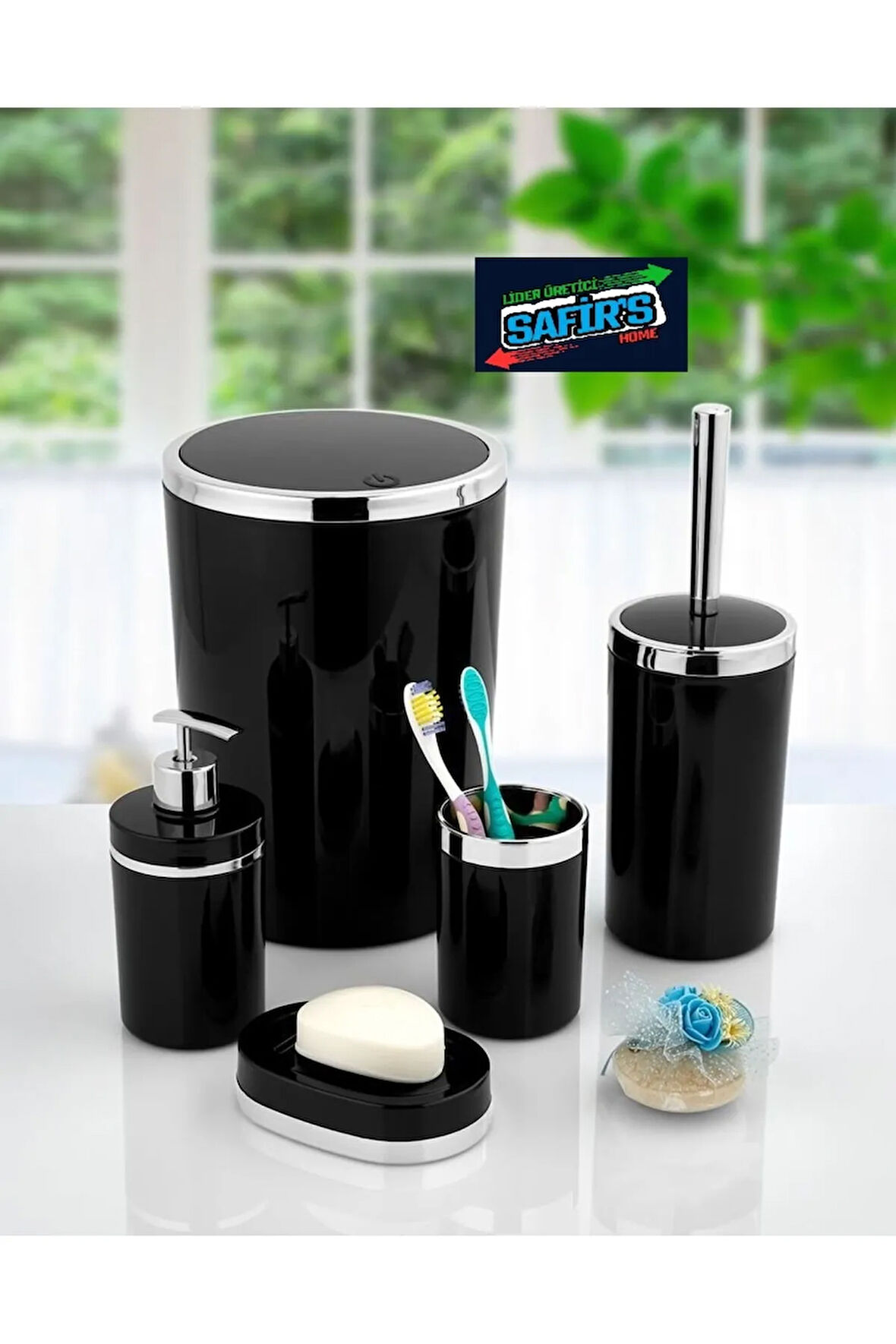 5 Parça Mermer Desen Banyo Seti / Wc Fırçalık, Sıvı - Katı Sabunluk, Çöp Kovası, Diş Fırçalık
