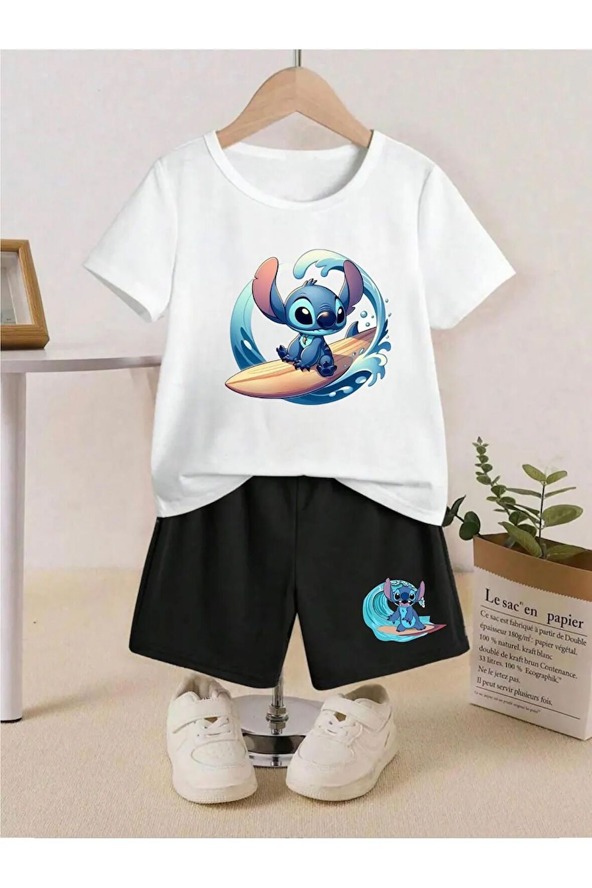 Çocuk Tasarım Stitch Surf Çizgi Karakter Baskılı Bisiklet Yaka Alt-üst Takım Pamuklu