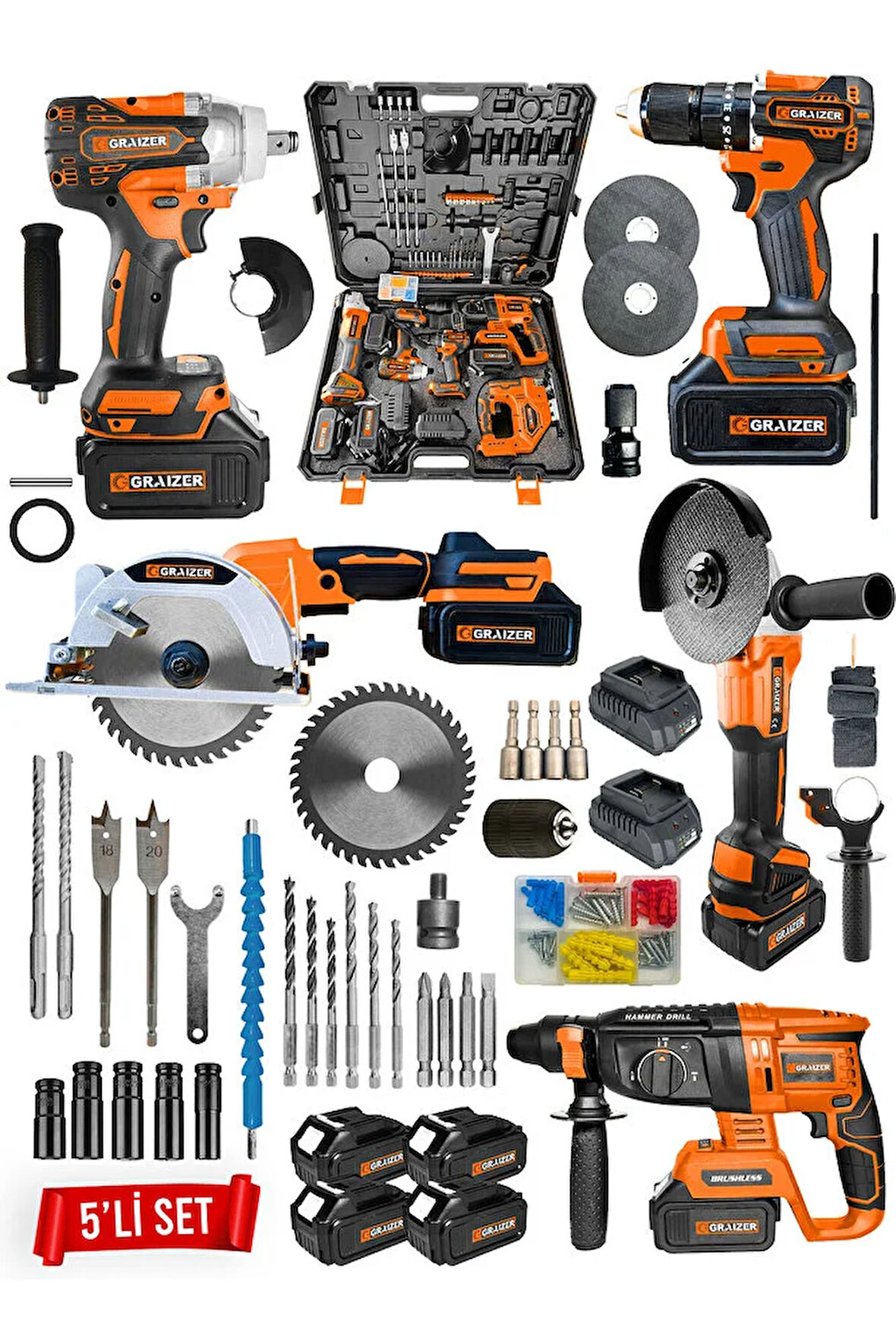 Graizer Profesyonel Kömürsüz 4 Bataryalı Çelik Şanzıman 5'li Set Sunta Kesmeli Turuncu