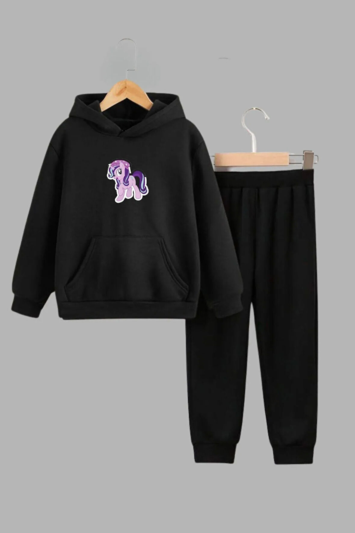 Unisex Çocuk Siyah Kapüşonlu Sweatshirt ve Eşofman Altı Takımı Mor Unicorn Baskılı