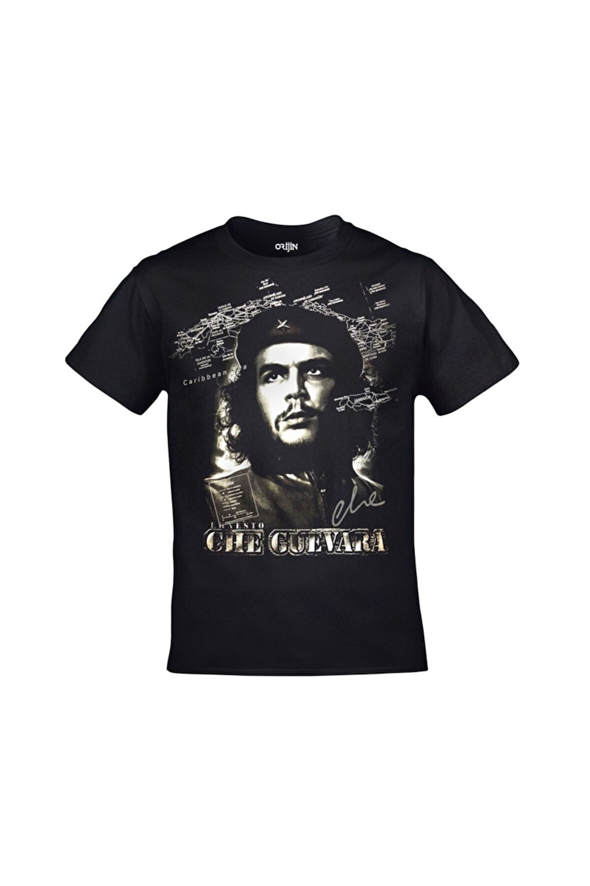 Unisex Siyah Ernesto Che Guevara Harita Baskılı Tshirt