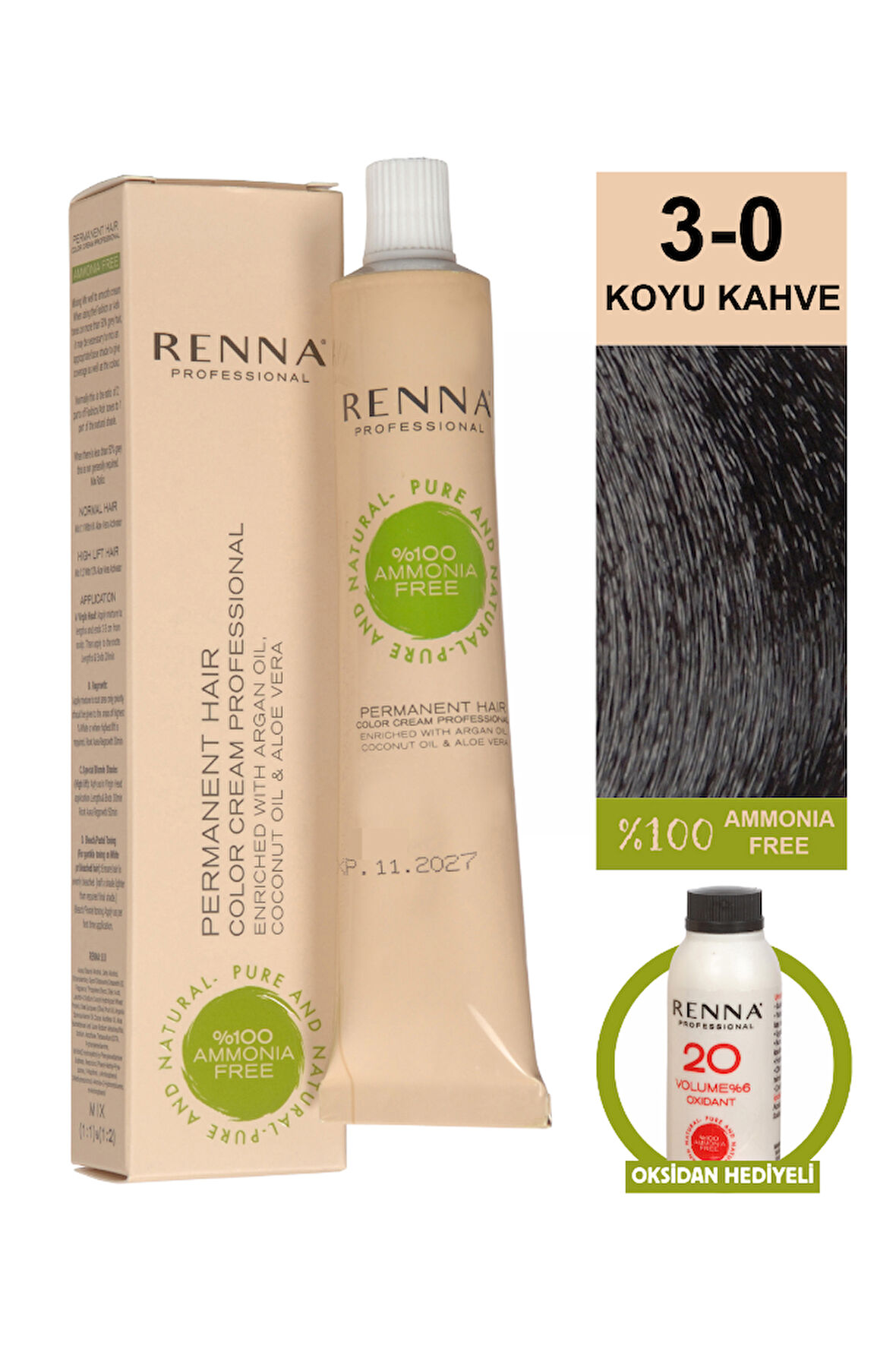 Renna Bitkisel Amonyaksız Saç Boyası 60 Ml 3-0 Koyu Kahve Oksidan Hediyeli