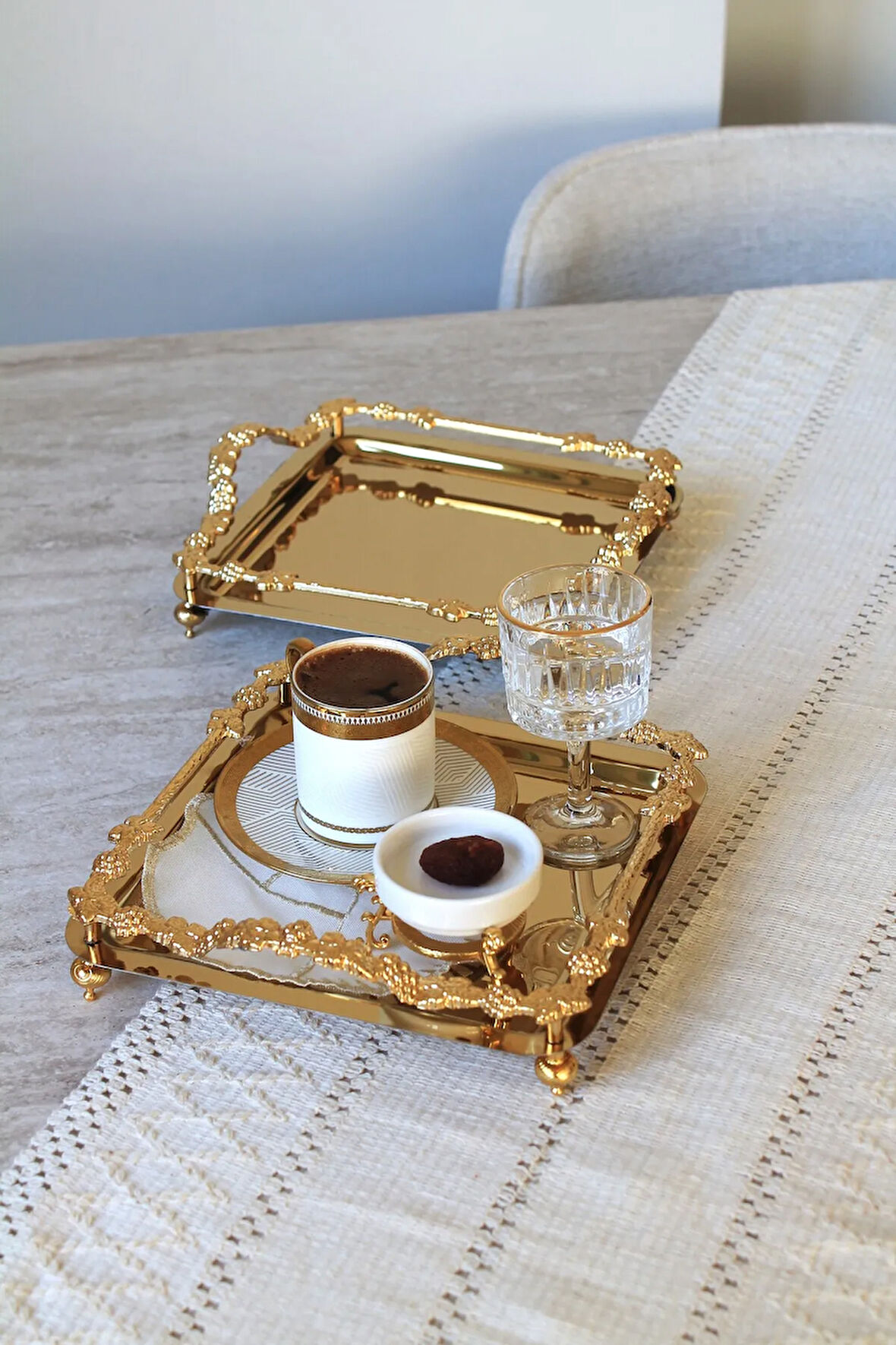 2li 2 Kişilik Kare Salkım Model Gold Sunum Tepsisi