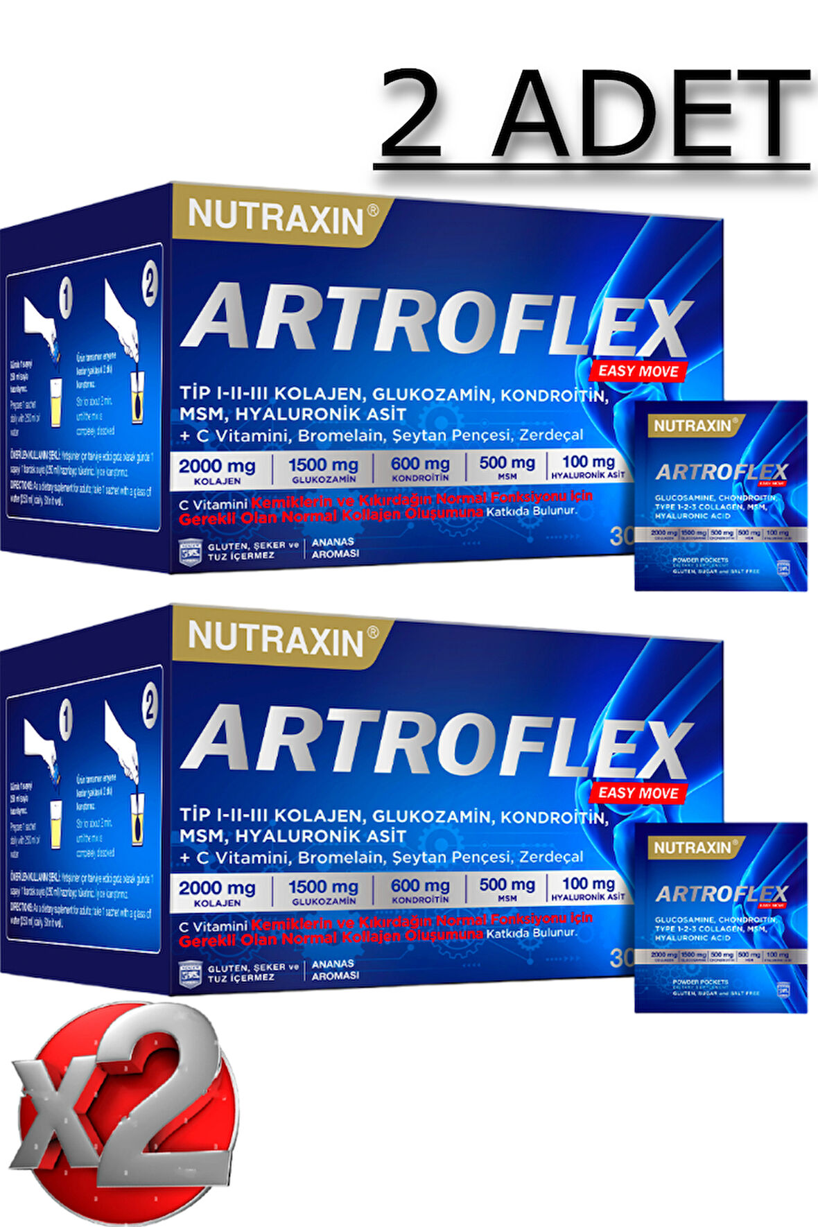 2 Adet Artroflex Easy Move 30 Adet Saşe-(Glukozamin,MSM,Kondroitin,Bromelain, Kolajen, Bamya Çiçeği)
