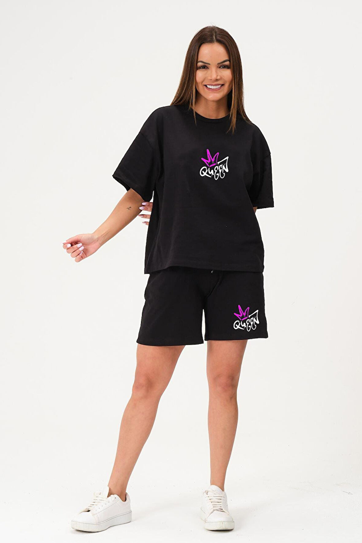 Kadın Queen Kraliçe Taç Baskılı Siyah Oversize Tişört Siyah Şort Alt Üst Yazlık Takım Şort Tişört
