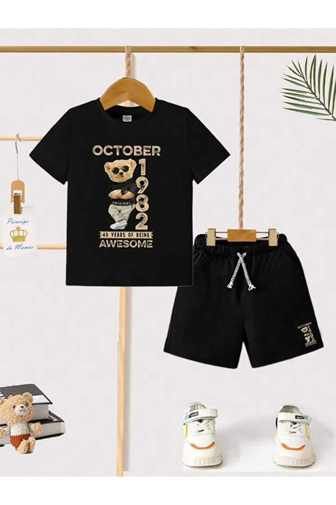 Çocuk Tasarım October 1982 Bear Baskılı T-Shirt Şort Alt Üst Takım %100 Pamuk