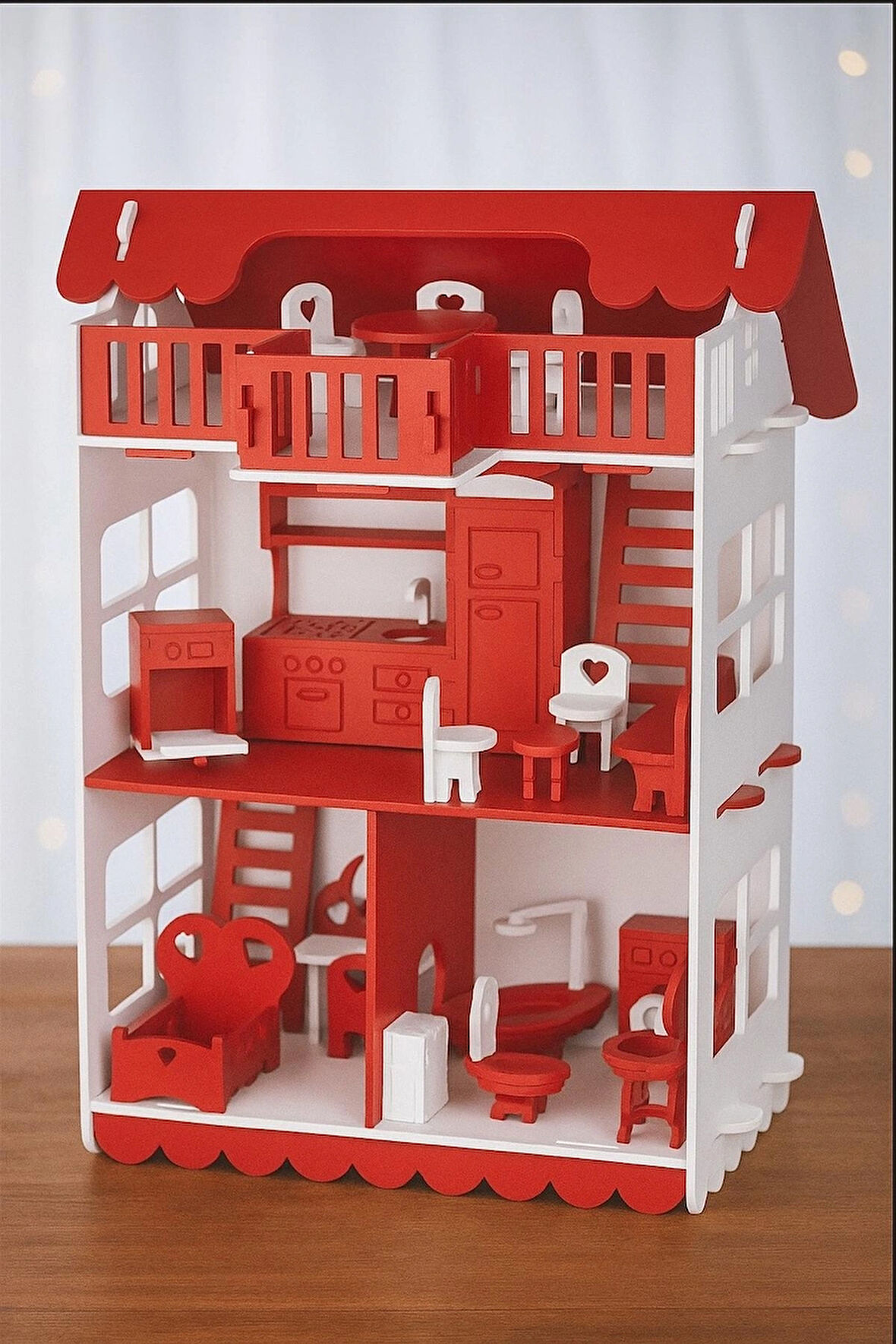 Ahşap Oyun Evi 32 Parça Kırmızı