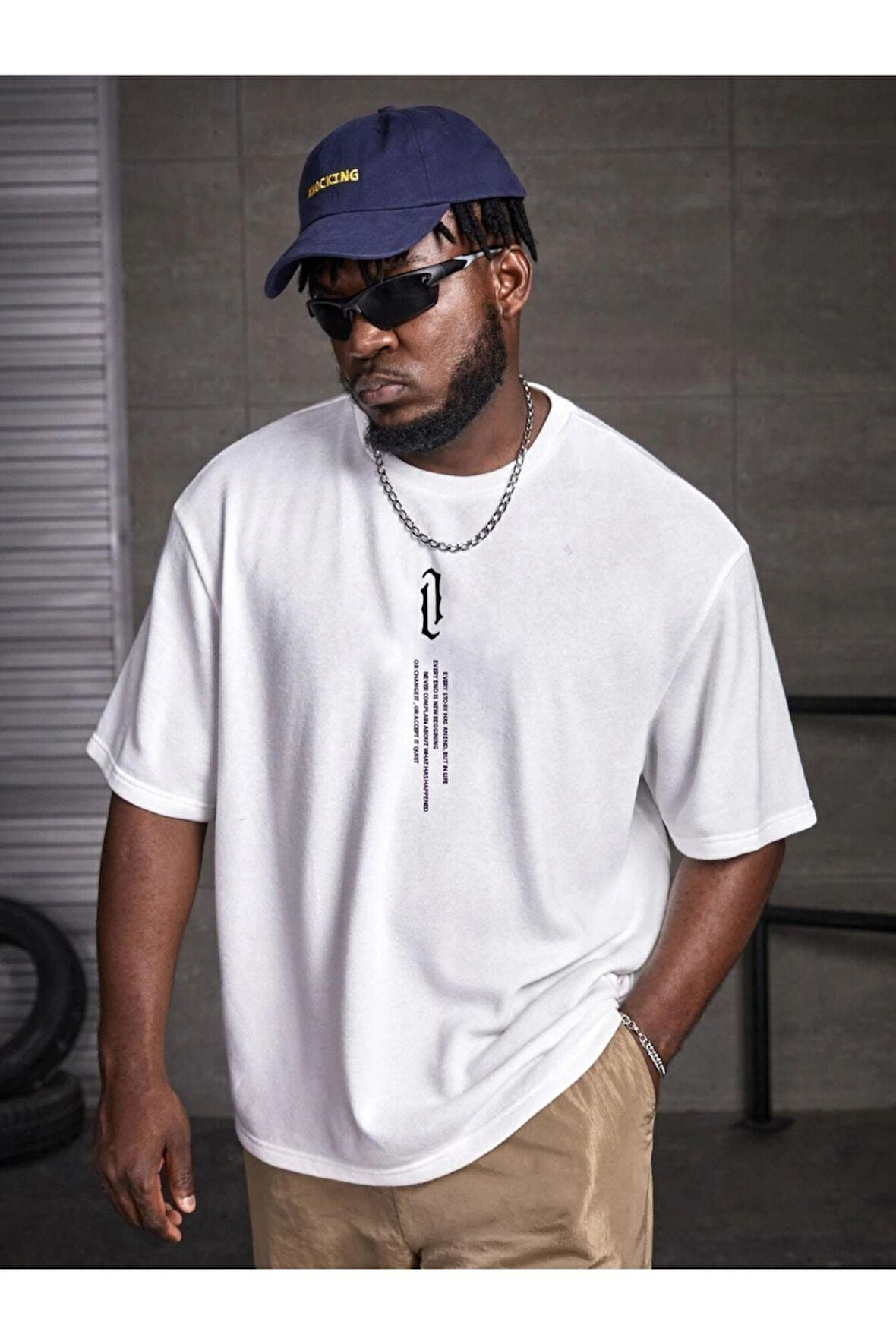 Erkek Nefti Yeşili Dikey Baskılı Oversize T-Shirt garalio