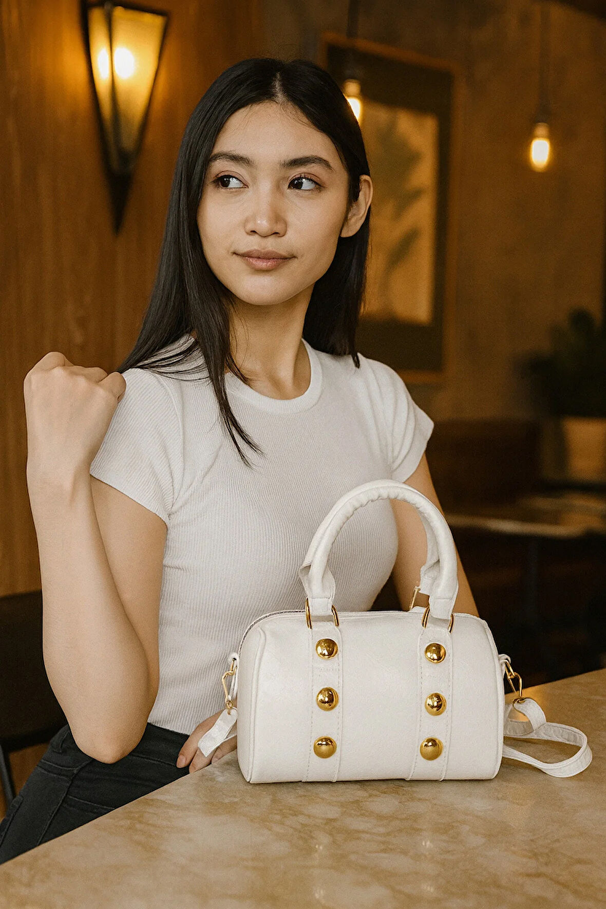 Lüks Altın Detaylı Silindir El ve Omuz Çantası