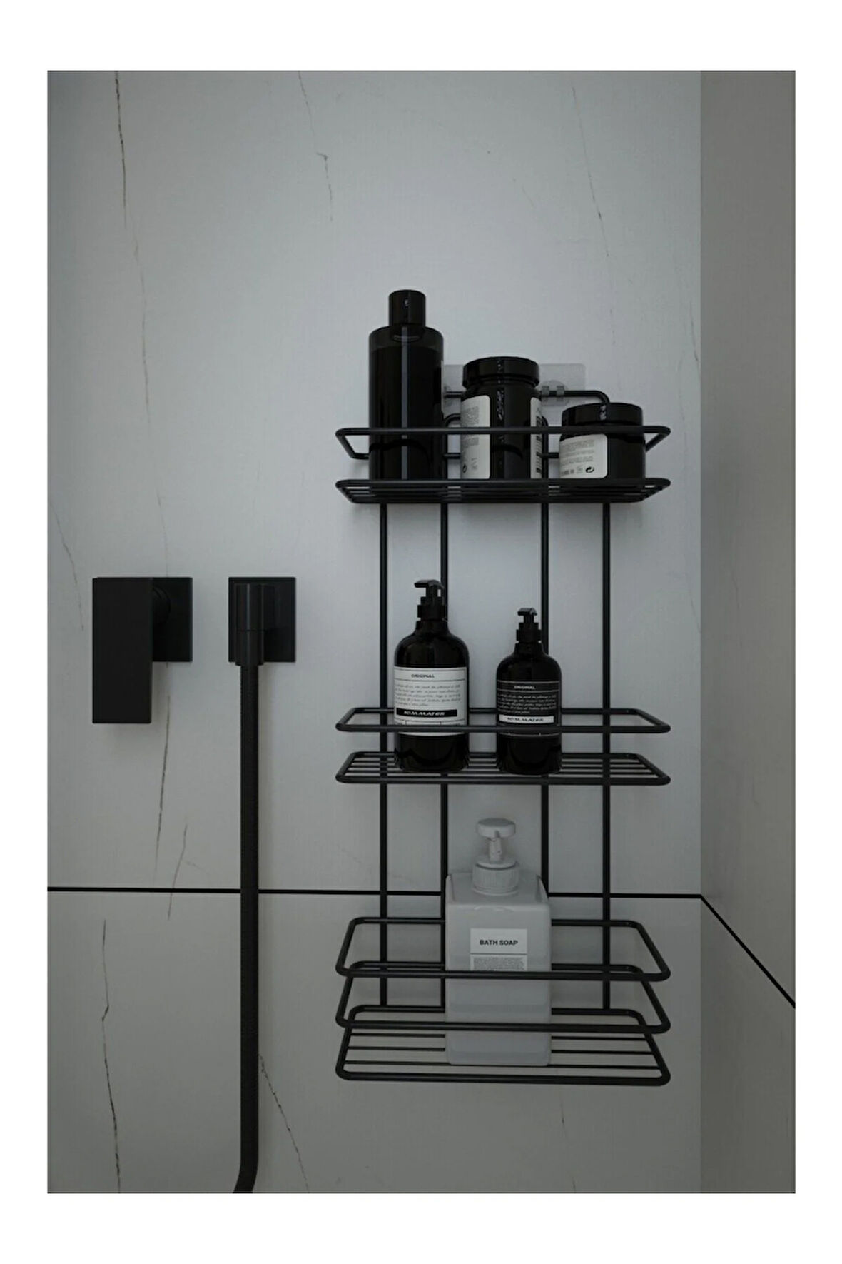 Vidalı Ömür Boyu Paslanmaz Kancalı Vidalı Banyo Şampuanlığı 3 Raflı Düz Siyah