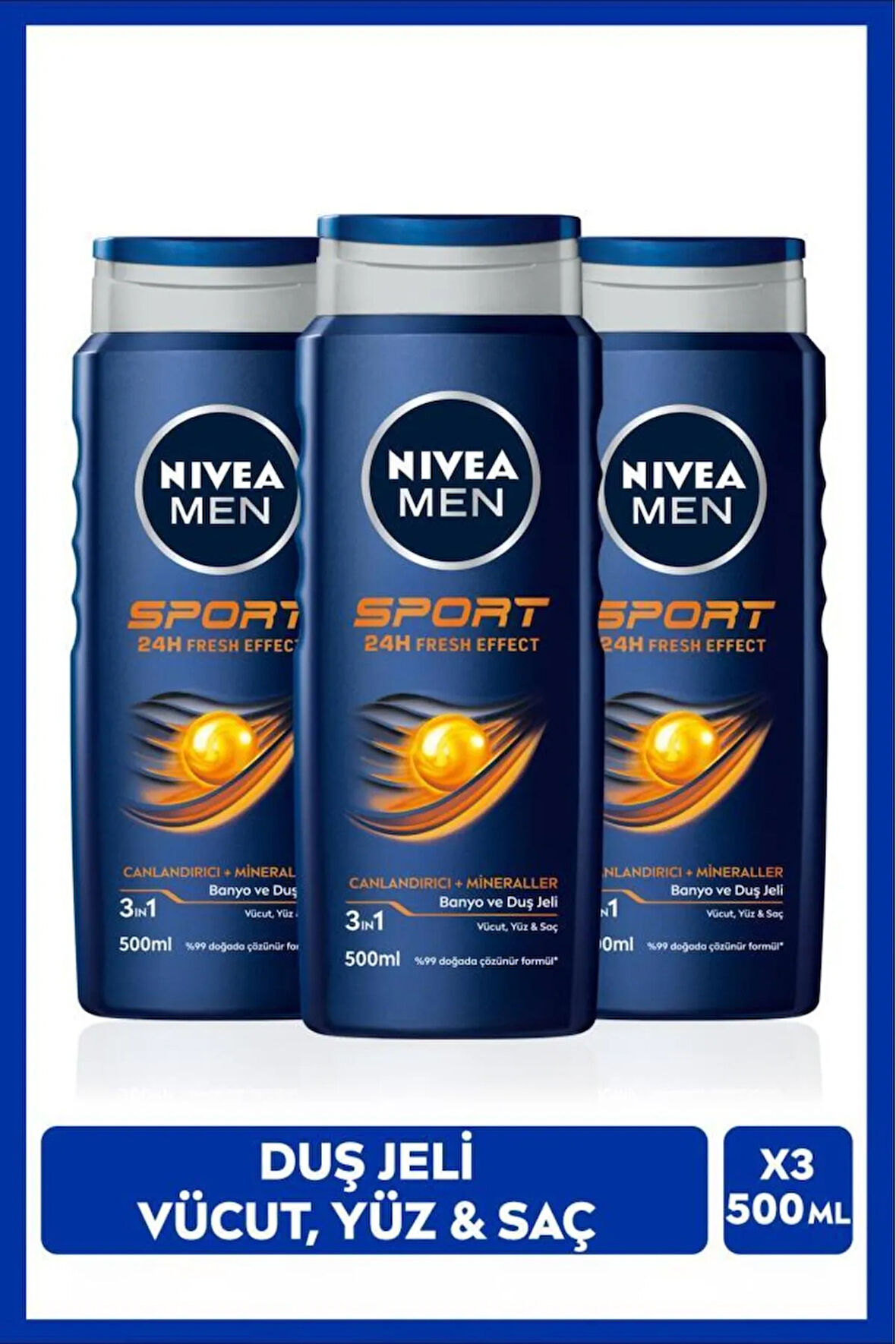 Men Erkek Canlandırıcı Banyo Ve Duş Jeli Sports 500ml, Vücut Yüz Saç, Yenileyici Mineral, X3 Adet
