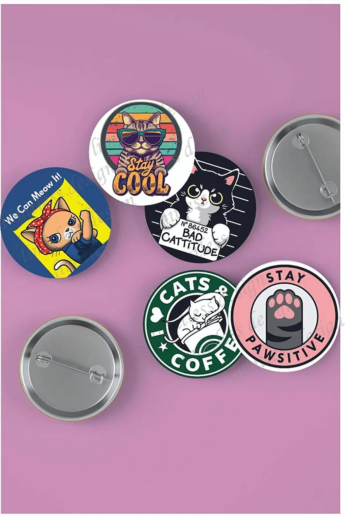 Sevimli Kediler - Sevimli Hayvanlar -Cute Animals - Eğlenceli - Yaka - İğneli Çanta Rozeti 5 Adet