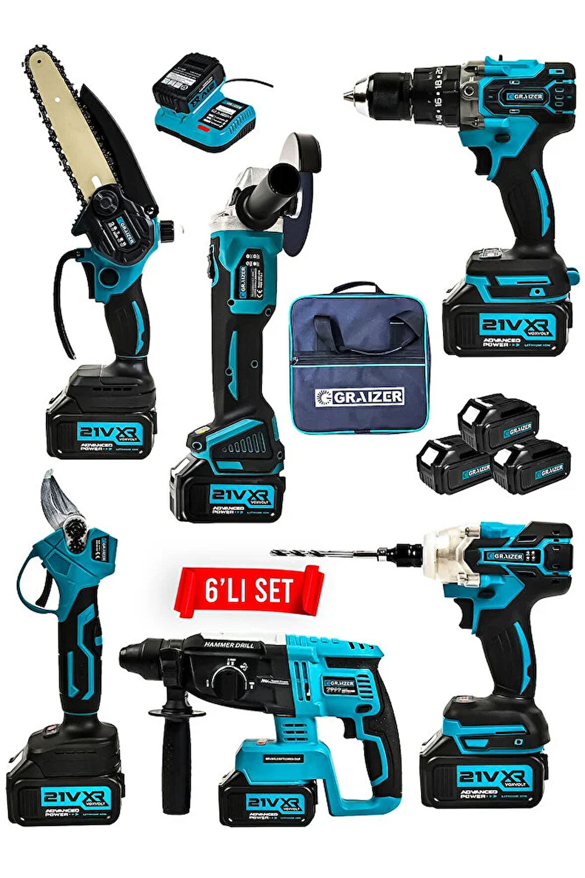 Profesyonel 21v Bez Çantalı Kömürsüz Darbeli 6'lı Set Mavi