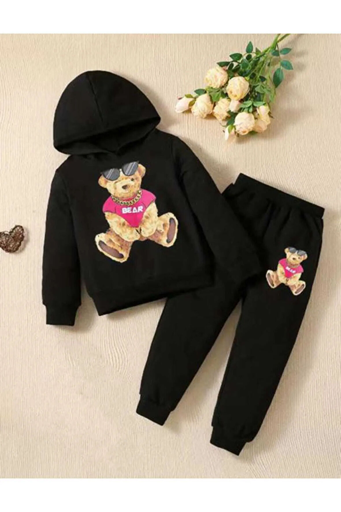 Erkek/Kız Çocuk Bear Baskılı Siyah Eşofman Takımı