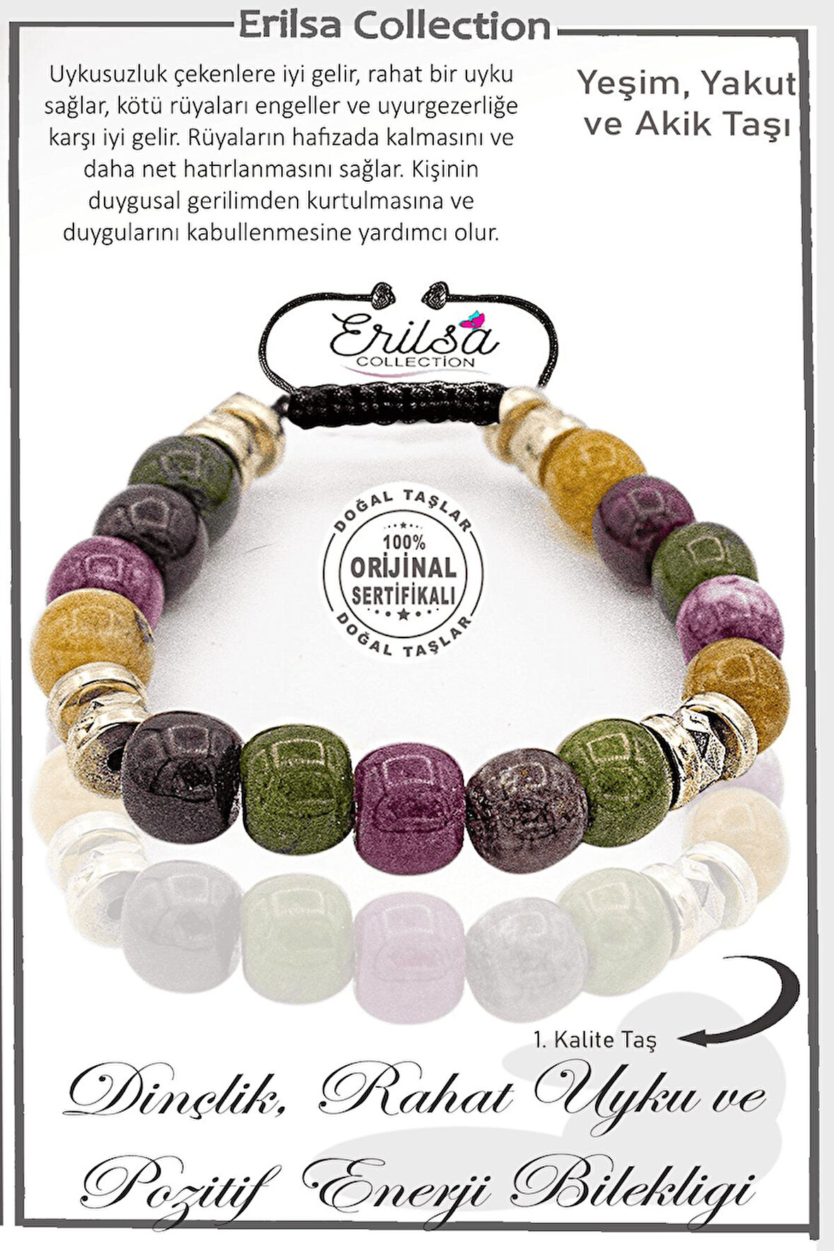 Sertifikalı AAA+  Dinçlik Rahat Uyku Pozitif Enerji Bilekliği - Hematit Yeşim Yakut Akik Taşı