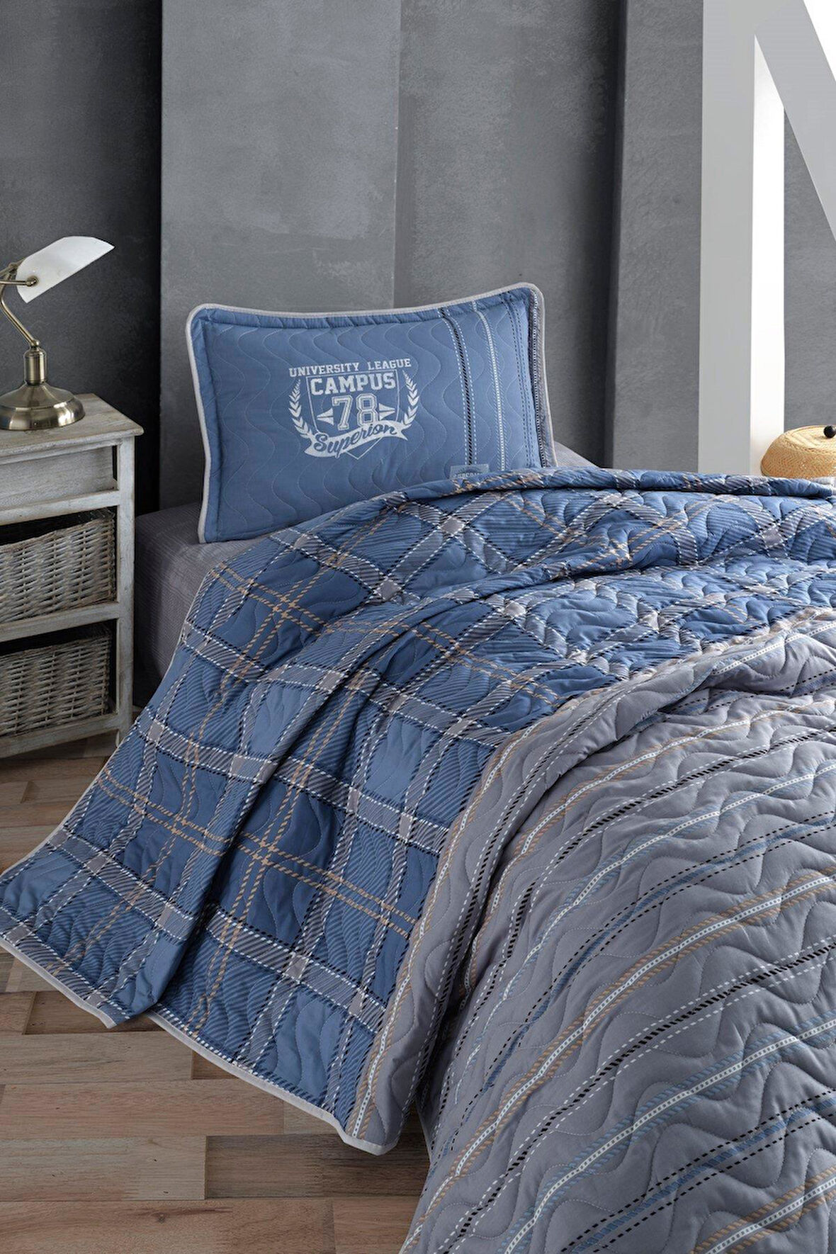 Clasy Ranforce Kapitone Yatak Örtüsü Tek Kişilik Campus V2 Mavi