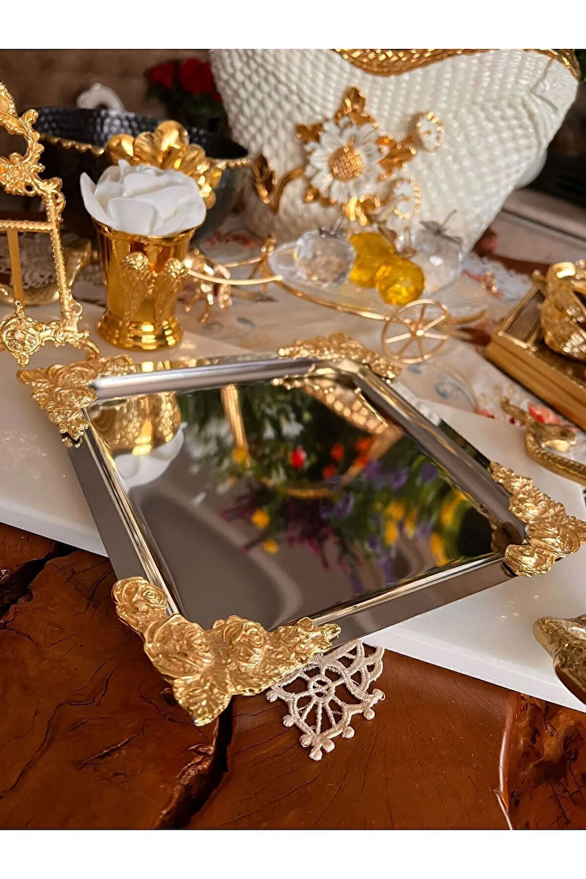 1 adet Gümüş Gold Detaylı 18/10 Çelik Kahve Sunum Tepsisi