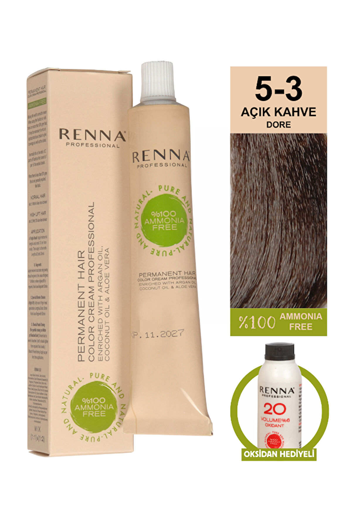 Renna Bitkisel Amonyaksız Saç Boyası 60 Ml 5-3 Açık Kahve Dore Oksidan Hediyeli