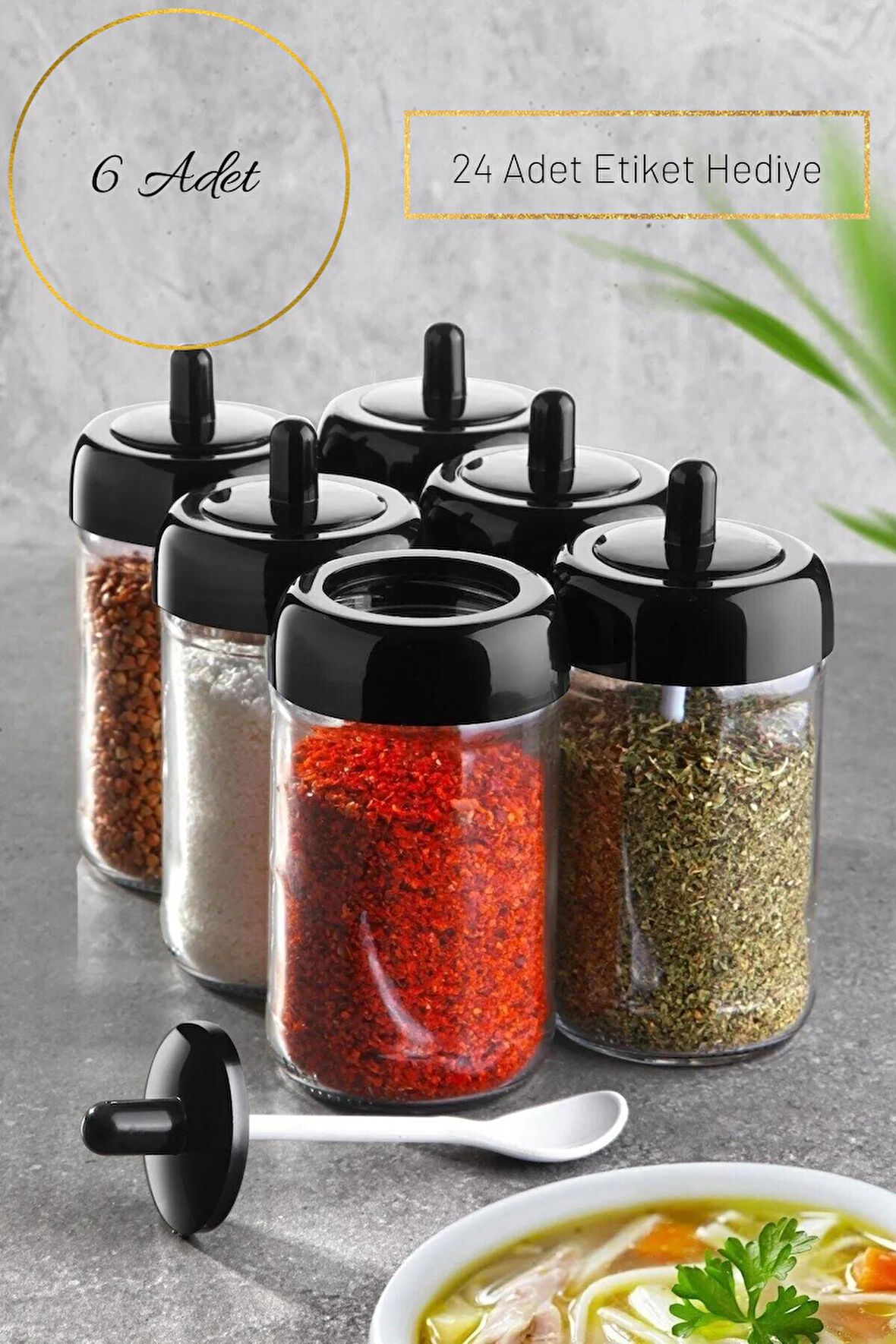 250 - 499 ml 6 Adet Kendinden Kaşıklı Etiketli Baharat Takımı Cam Kavanoz Baharatlık Seti & 25 Adet