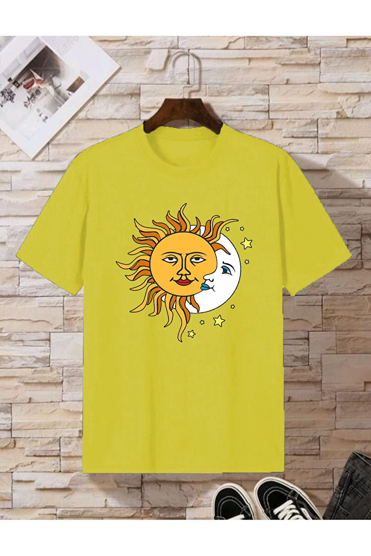 Kadın Siyah Güneş Ay Baskılı Oversize Penye T-shirt Tişört
