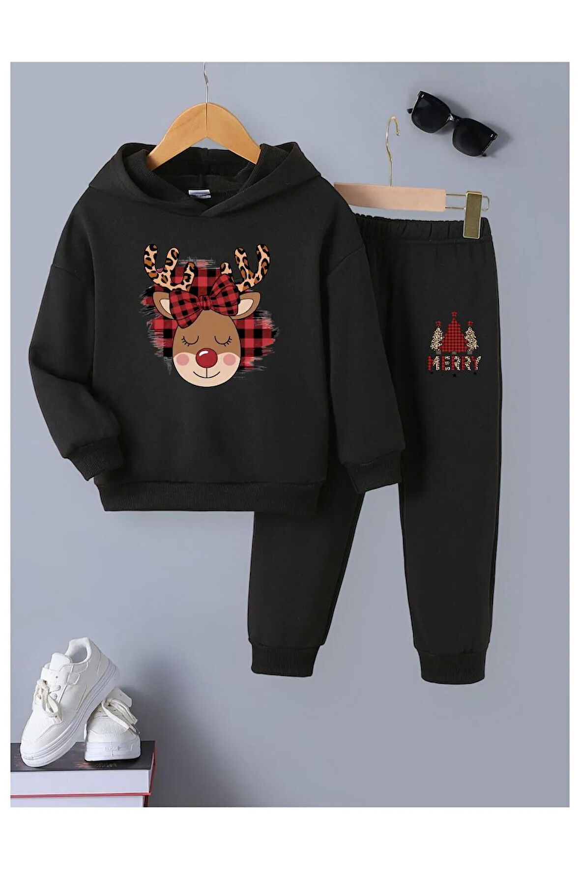 Çocuk Tasarım Merry Geyik Ekose Baskılı Kapüşonlu Sweatshirt Pamuklu