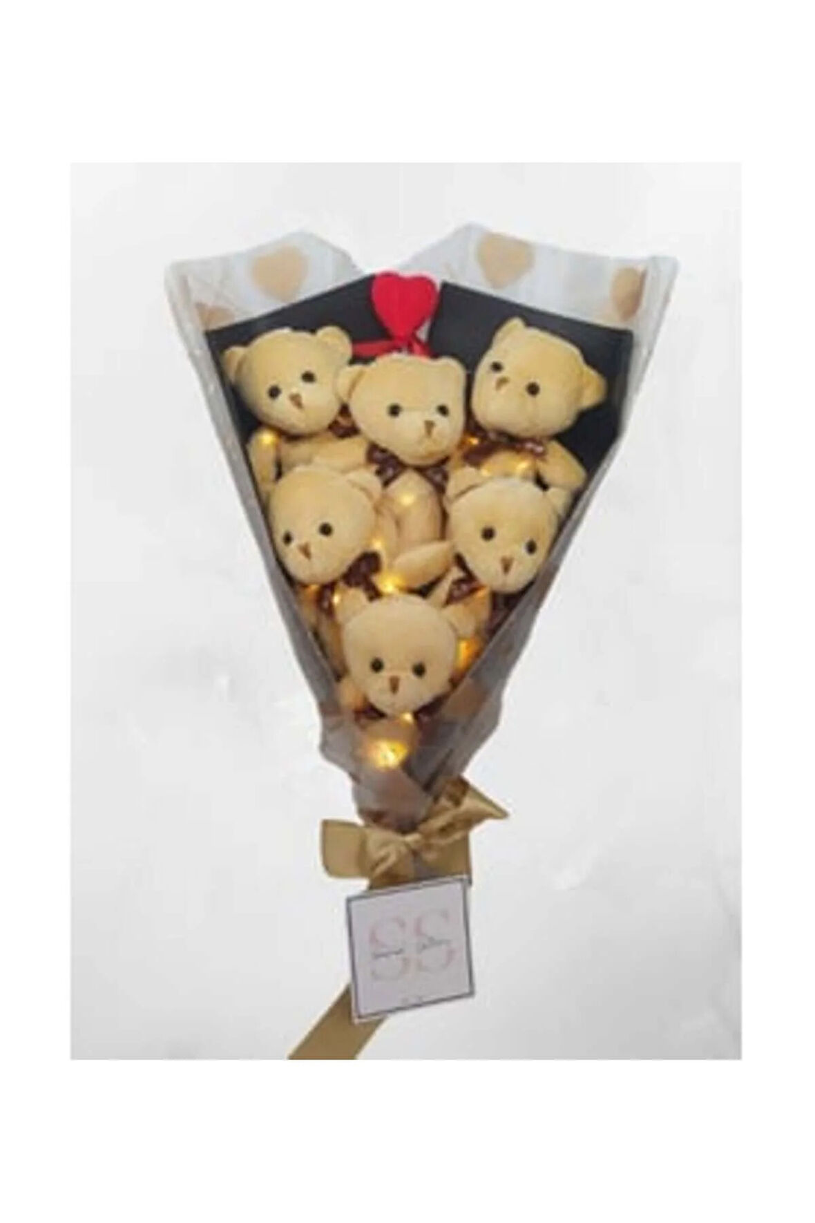 Led Işıklı Gold Kalpli Ayıcık Buketi - Yıldönümü Doğum Gününe Özel Sevgiliye Hediye