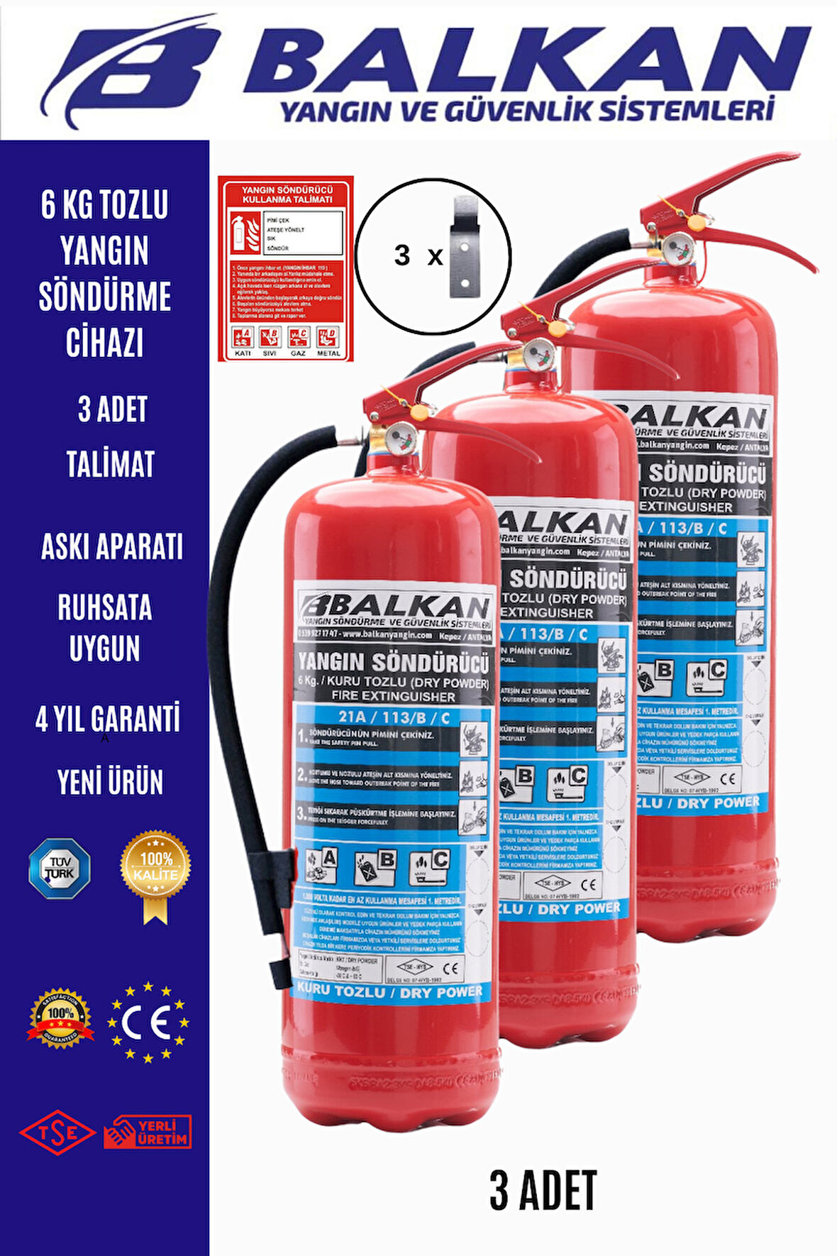 3 Adet Tozlu Yangın Tüpü 4 Yıllık Ruhsata Uygun (Askı Aparatı, Talimat)