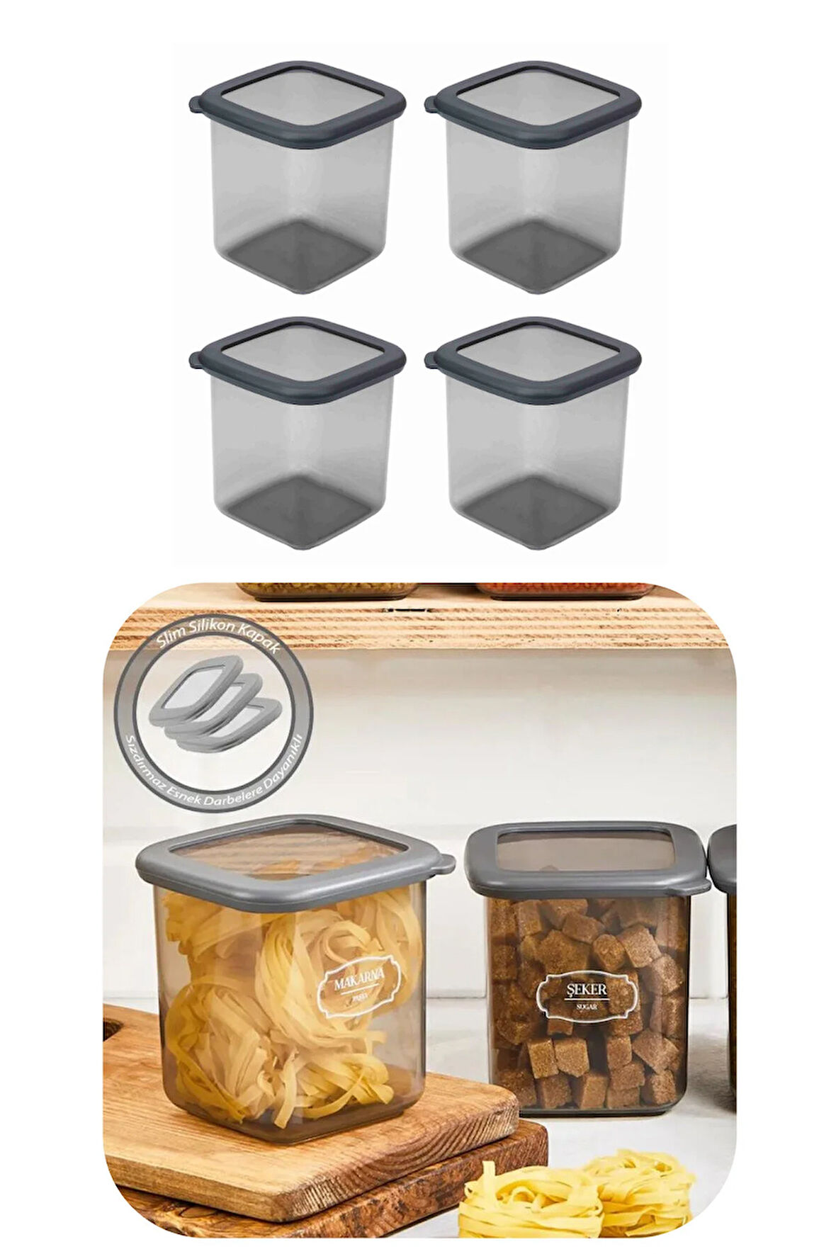 800 ml Gri Kare Saklama Kabı Silikon Kapak Hava Geçirmez Kuru Baklagil Kahve Bakliyat Makarna Kutu
